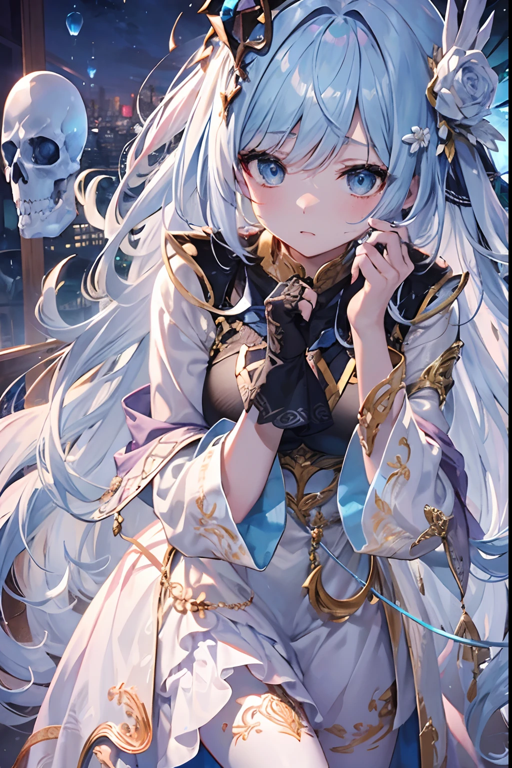 masutepiece,Best Quality,Ultra-detailed,Very detailed illustrations,Extremely detailed,Intricate details,hight resolution,super complex details,extremely detailed 8k CG wallpaper,Textured skin, beautiful Girl , Soul Ghost ,Communication with the dead, A world from another dimension , Night Summoner , Dark, Mysterious, god ,White Dress, Light blue hair, Long hair, expressive hair, sanpaku, Nervous, worried, Cowboy Shot