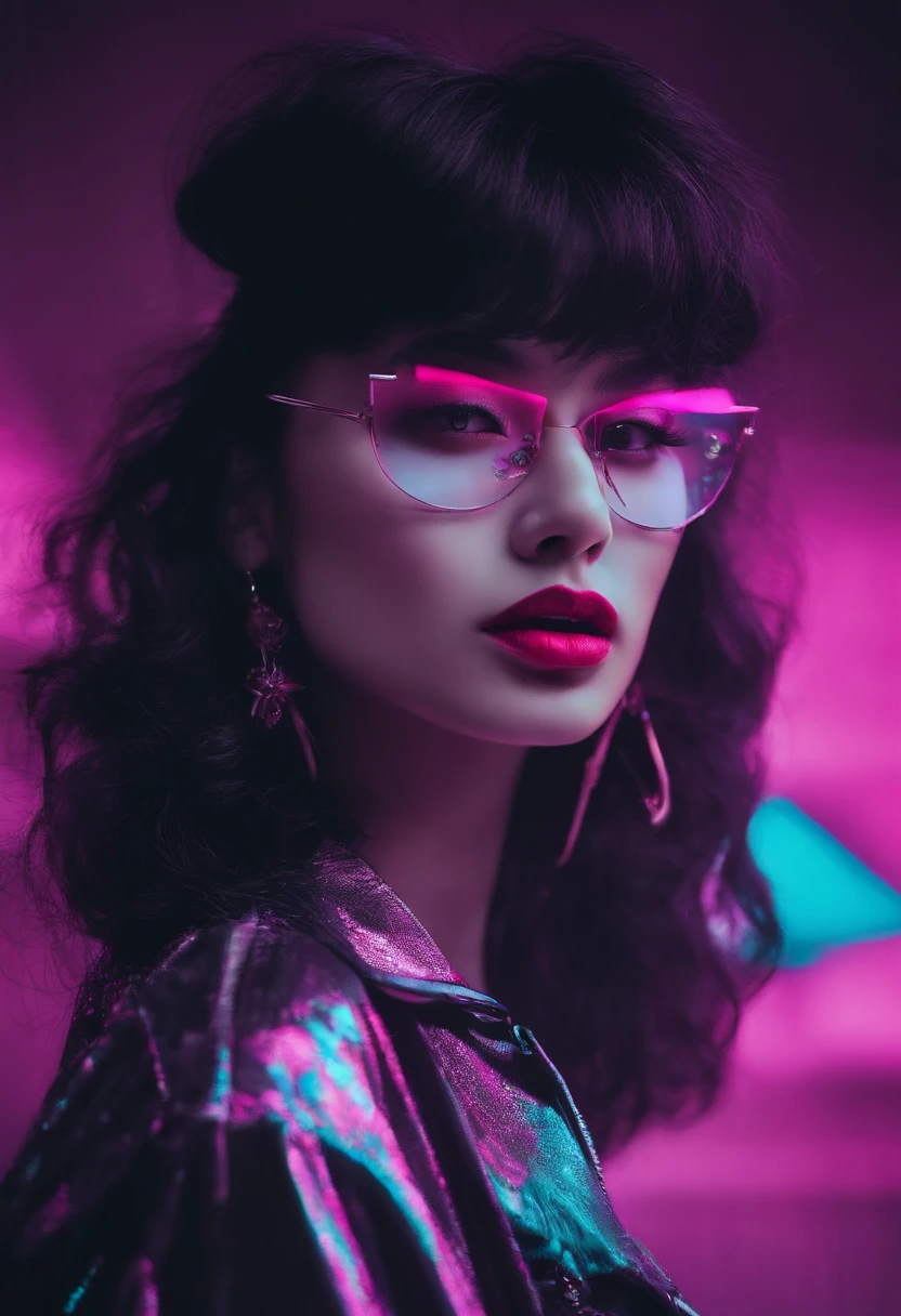 (masutepiece), Best Quality, Expressive eyes, face perfect,(gritty:0.9),(80's aesthetic:1.1),(neons:0.8),(Retro:0.9),(analogue:1.1),(独奏:0.8),(1 person:0.6),(Calavera:0.5),(Sunglasses:0.7),(shinigami:0.5),(Purple and pink color scheme:0.9),(glitched:1.1),(uproar:1.0),(Black and white:0.6),(Drooping letters:0.8),(The aesthetics of vaporwave:1.2),(digital distortion:0.9),(macabre smile:0.7),(blood splash:0.8),(darkness:0.9),