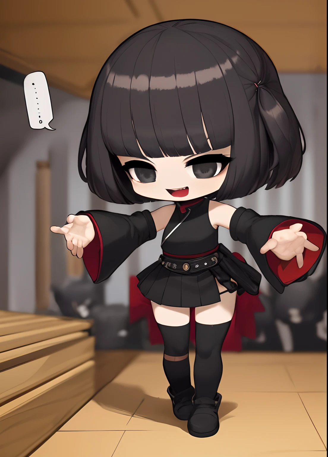 ,8K, 4k, high resolucion, Best quality at best, ​masterpiece,1girll, Black-aura pile bunker, Spleen eyes, Solo, bald head, Black Eyes, South Korea, boots, retention, , With mouth closed, gauntlet, wide sleeves, black skirts, sskirt, Detachable sleeve, ;d, Standing on two legs, s whole body, Pilebunker, Wielding a pile bunker, chibi, Standing, black shoes, looking at the beholder, bald head, , miniskirt, Long sleeves, There is a black aura in the hands, tooth, waist, Black stockings, kneehighs, fever, gemstones, stocklings, leg up, Pilebunker, Black shirt, ThighsThighs, Angry, 8K, 4k, (high resolucion:1.1), Top  Quality, (​masterpiece:1.3),(NSFW (New South Wales):1.2)