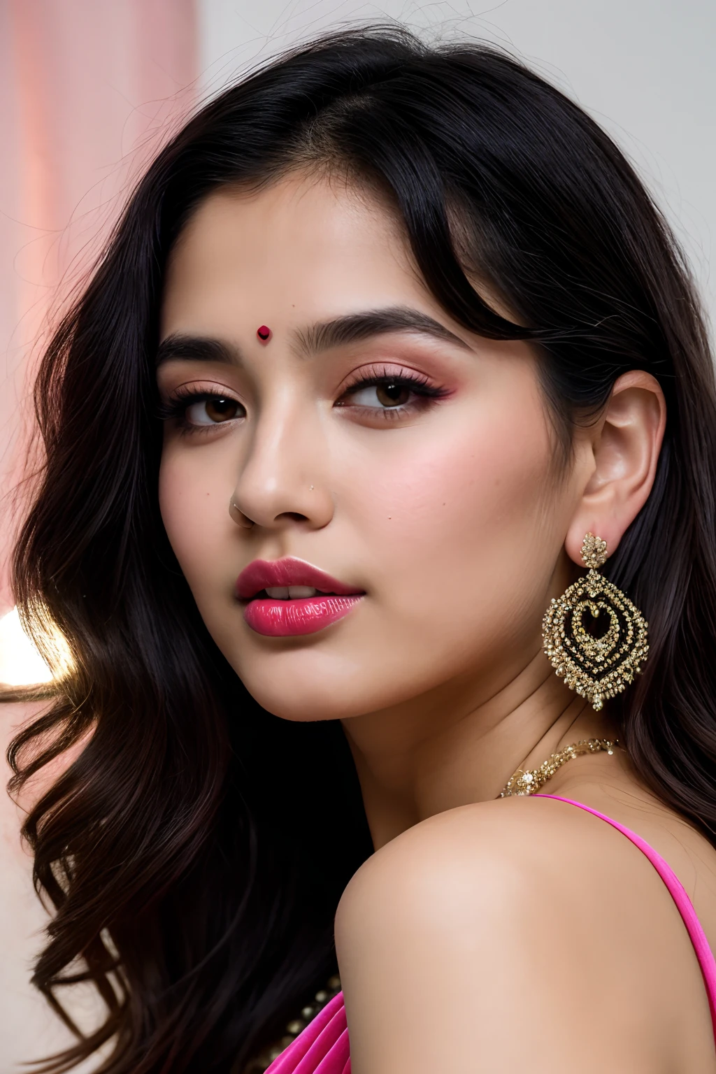['art by Ilya Kuvshinov, photograph, portrait shot of a Ultrarealistic asian woman wearing light pink silk indian sari], mix4,(8k, RAW photo, best quality, masterpiece:1.2), (realistic, photo-realistic:1.37),(( best makeup, proffestional model looking cosmetics, pink lipstick)), (jewellery: large platinum earrings, a light platinum locket with a heart heart shape centerpiece), fair look, age 22 years old, bell-rounded boobs, 1girl,cute, mid-luxury bedroom, night, proffestional lighting conditions, wet, professional lighting, photon mapping, radiosity, physically-based rendering,, gradient black colour hair, dark black hair, mid curly cum wavy hair, handsome, beautiful, girl, light pink silk saree, top quality picture, high resolution, 4k, (clear face), (detailed facial description), (detailed hand description with five fingers), (masterpiece), (exquisite CG), extreme light and shadow, messy hair, master's work, rich details, (fine facial features), (highest quality picture), (masterpiece), (detailed eyes),Look ahead with your eyes,Fine collarbone