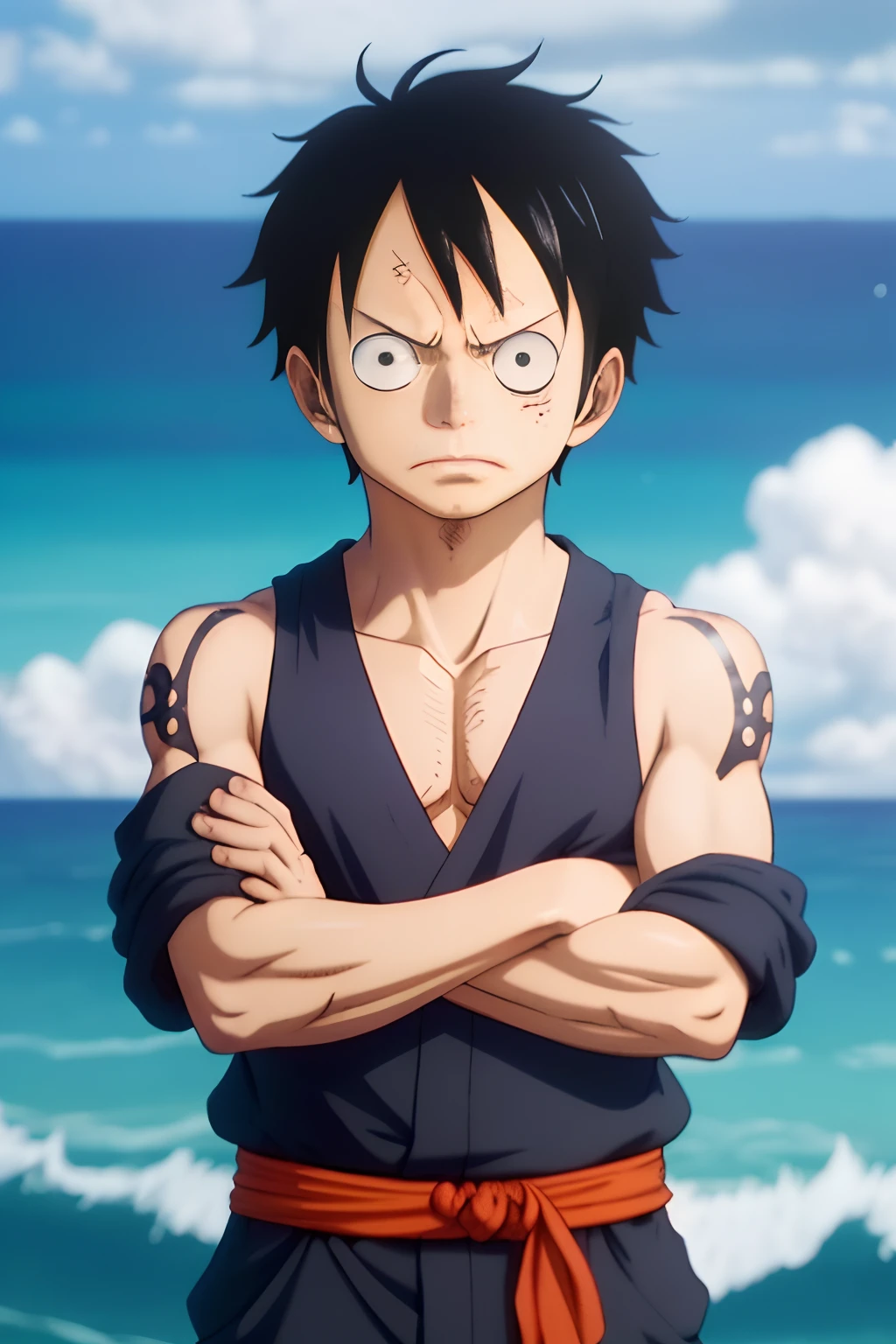 Erstelle ein hochwertiges Manga-Panel mit einem Charakter, der von Monkey D inspiriert ist. luffy from one piece, aber angepasst an die einzigartige Welt von Midjourney. Dieser Charakter sollte eine Marine-Uniform tragen und ein sehr detailliertes Gesicht haben, faithfully capture the original manga style by Eiichiro Oda. The character should exude an angry expression on his face with his arms crossed. Platzieren Sie sie vor dem Hintergrund einer Marinebasis, mit einer Vielzahl bewaffneter Marinesoldaten, die dahinter stehen, Ready for use. Stellen Sie sicher, that the character's face is carefully designed without facial flaws, Maintaining the originality of the Midjourney universe.