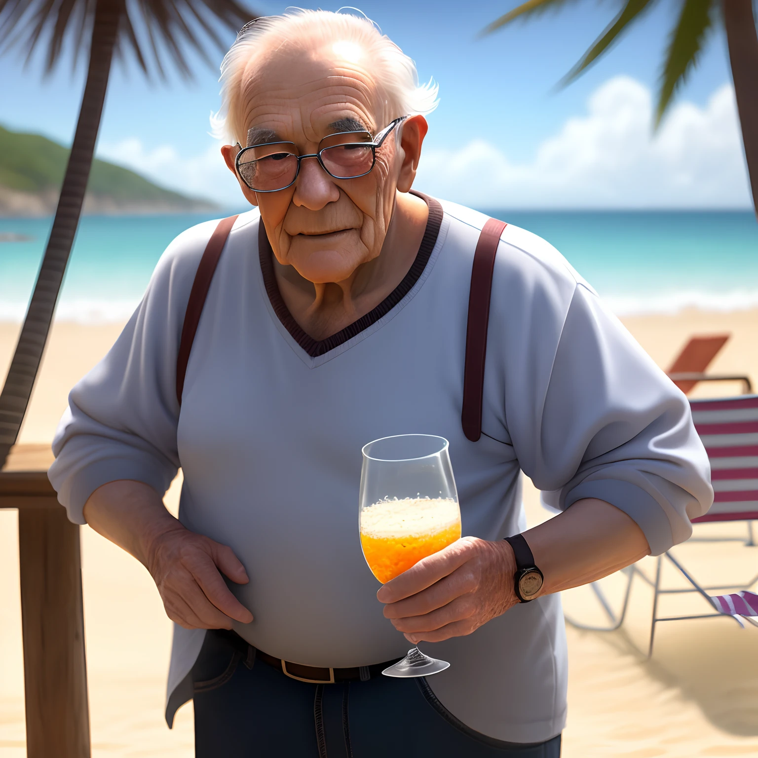 Old man on a beach in the background with a glass in hand masterpiece