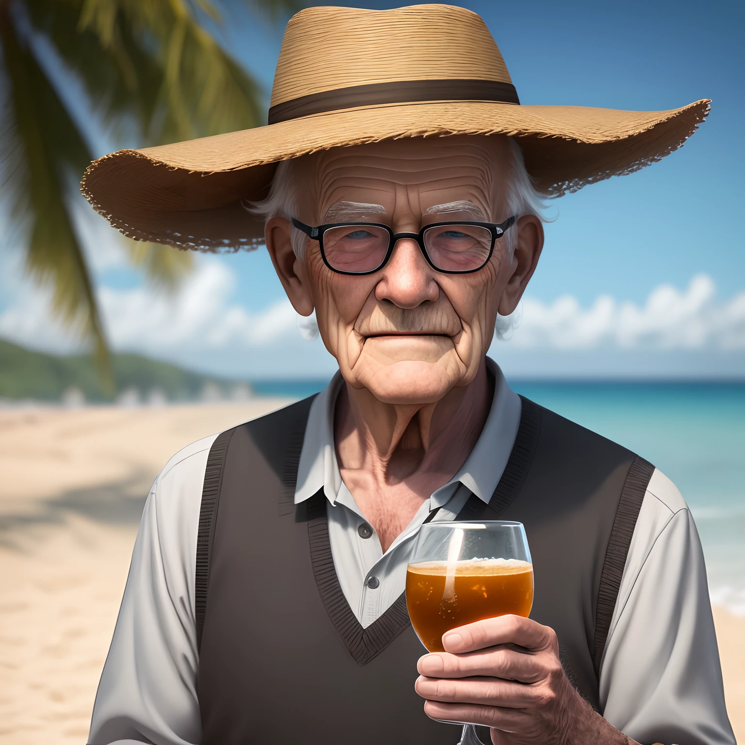 Old man on a beach in the background with a glass in his hand extremely detailed and realistic image