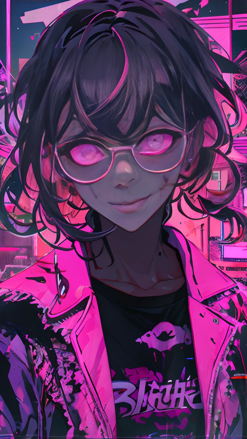 (masutepiece), Best Quality, Expressive eyes, face perfect,(gritty:0.9),(80's aesthetic:1.1),(neons:0.8),(Retro:0.9),(analogue:1.1),(独奏:0.8),(1 person:0.6),(Calavera:0.5),(Sunglasses:0.7),(shinigami:0.5),(Purple and pink color scheme:0.9),(glitched:1.1),(uproar:1.0),(Black and white:0.6),(Drooping letters:0.8),(The aesthetics of vaporwave:1.2),(digital distortion:0.9),(macabre smile:0.7),(blood splash:0.8),(darkness:0.9),
