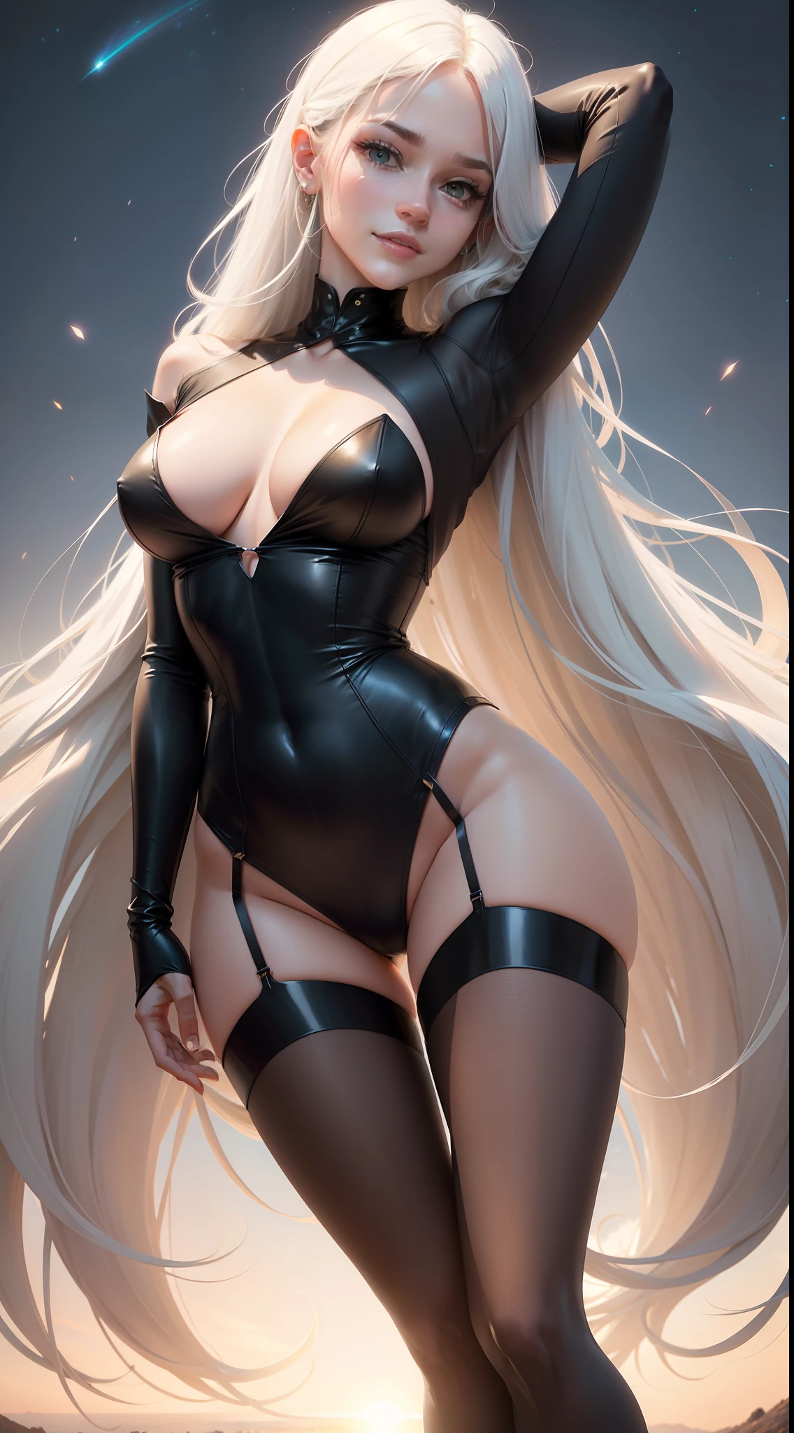 Beutiful women,long whitr hair,Shy,white color hair,The tail is dotted green,Comic style,Tall guy,portrait,The chest is large,Perfect body proportion,scapula,Over-the-knee stockings,Thin,Be red in the face,Overlooking,Body focus,Jumpy,dingdall effect,tighten,Model figure,Put your hands on your head,Lace,cinematic perspective,nape,Collar,leg loops,Sharpen,8K,realisticlying,Harnes,Beautuful Women,sexy for,fox ear,leg loops,Hair flowing up,sideface,Crop topping,Smiled brightly,evening formal robes,Dusk time,meteors,Sunset,Skysky,horizon