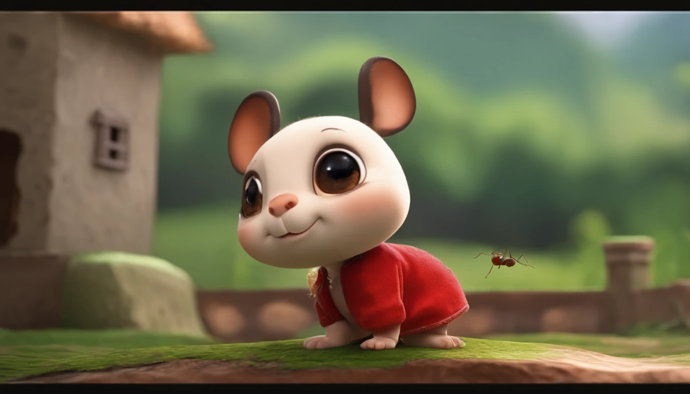 A one-year-old Chinese baby sticks his finger toward an ant hole,The eyes looked curiously into the hole,It's hard to see what's going on in the hole,Bubble Mart style,Make the child cute。