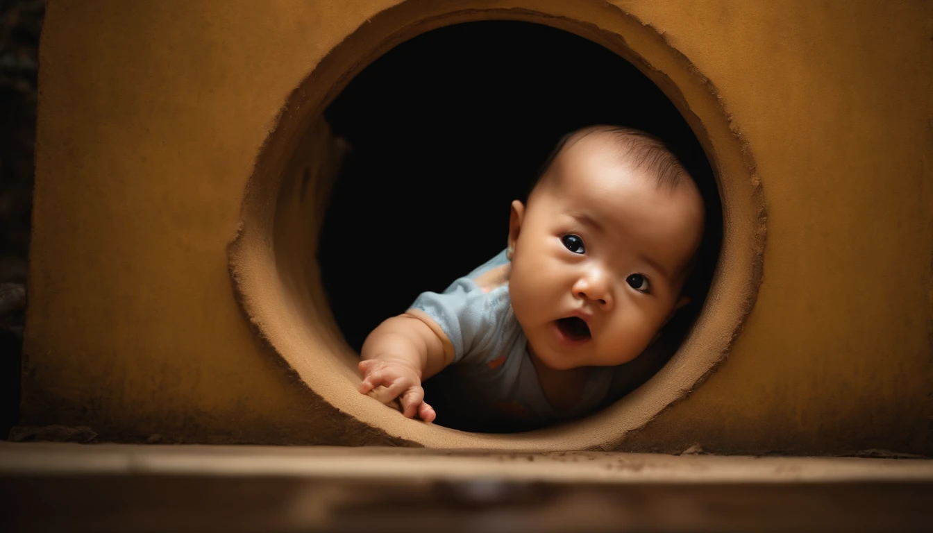 A -yead Chie baby sticks finger toward an ant hole,The eyes looked curiously into the hole,It's hard to see what's going on in the hole,Bubble Mart style,Make the child cute。