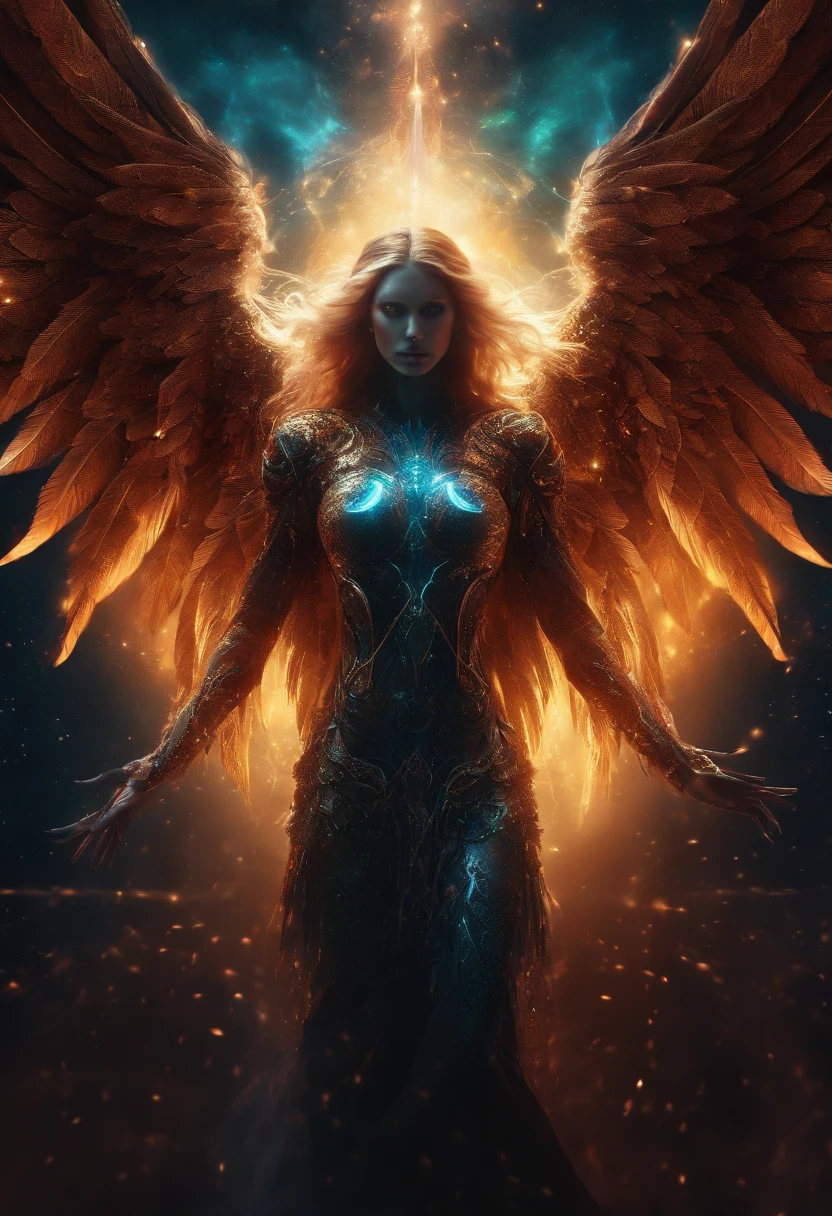 Cosmic Fallen Angel, glowing light eyes, Biomechanical, eerie, Creepy, nightmarish, Very bright colors, Light particles, with light glowing, Mshiv, wallpaper art, UHD wallpaper