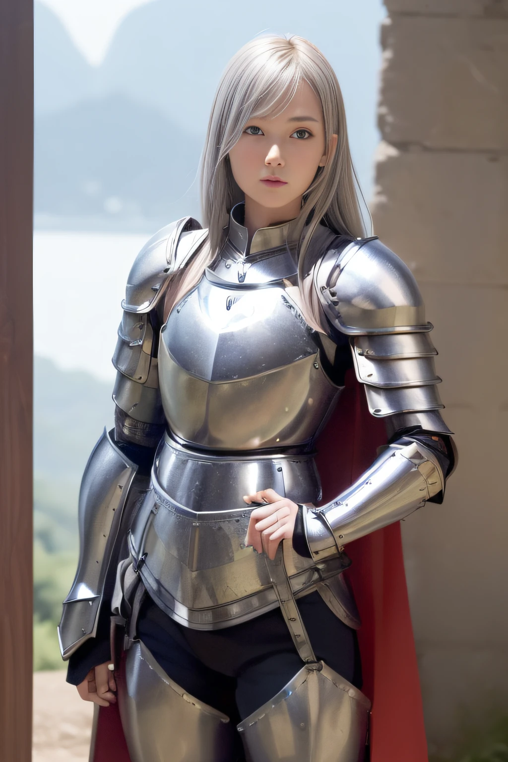 best qualtiy、masutepiece、超A high resolution、(Photorealistic:1.4)、infp young woman、(modeled:1.2)、small head、a small face、blonde  hair、long legged、(Ornately decorated full-body armor:1.3)、(Waist Armor:1.3)、(Falls Armor:1.9)、(Silver Crotch Protector:1.4)、Leg armor、(red cloak:1.3)、(Full body:1.4)、Appearance without makeup、smil、(the perfect body:1.7)、Castle background、By Michelangelo