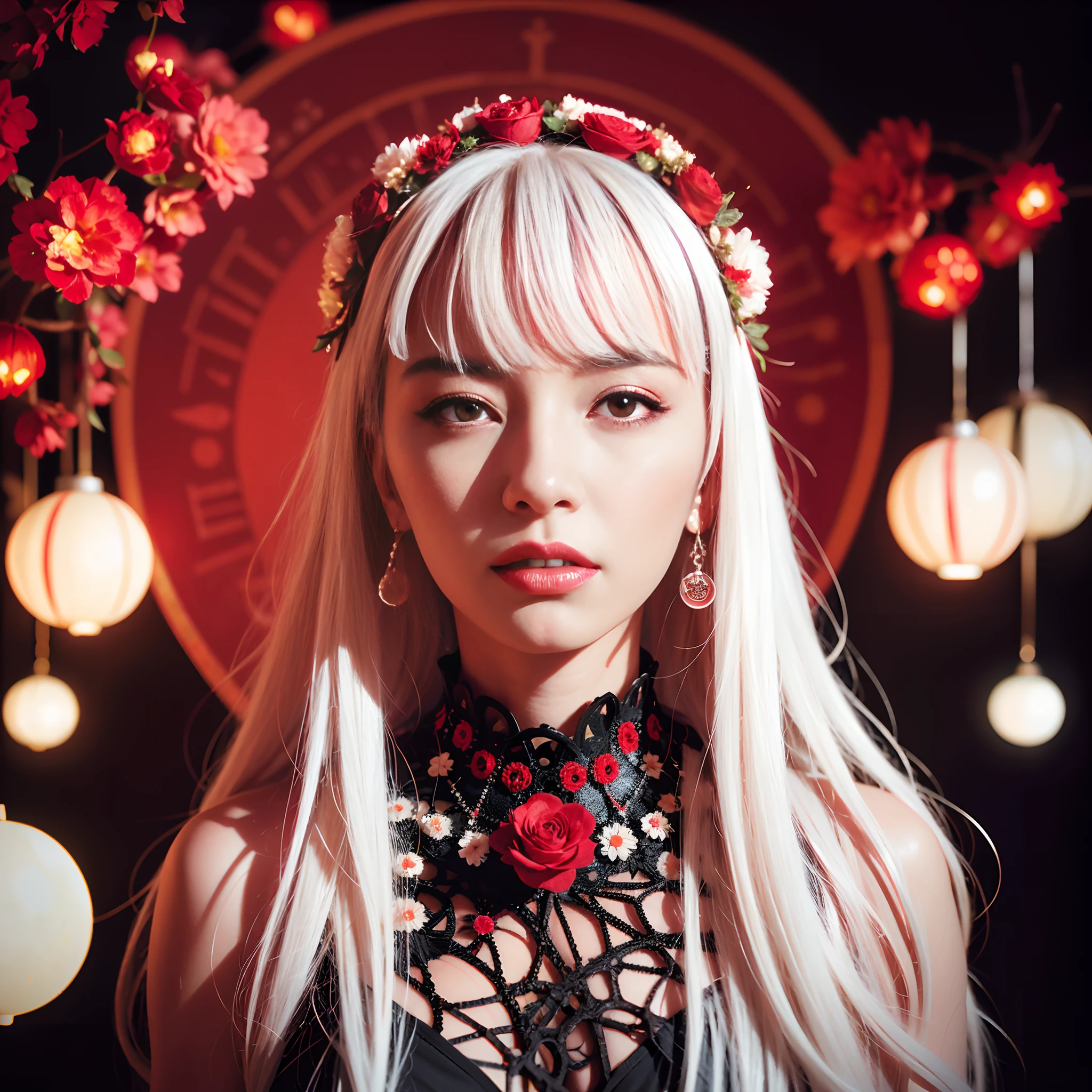 RAW photo, a close up portrait photo of
beautiful young woman with white hair with red flower crown, + Black paper with intricate and vibrant red line work:: Tarot Card:: Mandelbulb Fractal + Exquisite detail, ultra soft pastel
(high detailed skin:1.2), 8k uhd, dslr, soft lighting, high quality, film grain, Fujifilm XT3