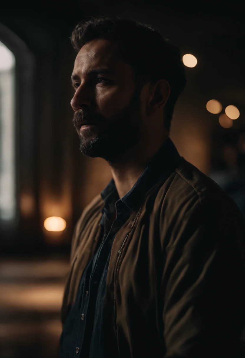 A person in the midst of tribulations, panicked but confident, 8k, uhd, harsh low lighting, high quality, sharp focus, fujifilm XT3