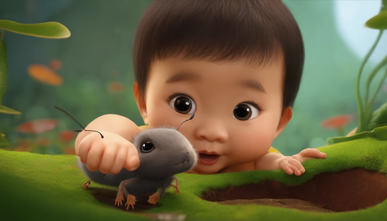 A one-year-old Chinese baby sticks his finger toward an ant hole,The eyes looked curiously into the hole,It's hard to see what's going on in the hole,Bubble Mart style,Make the child cute。