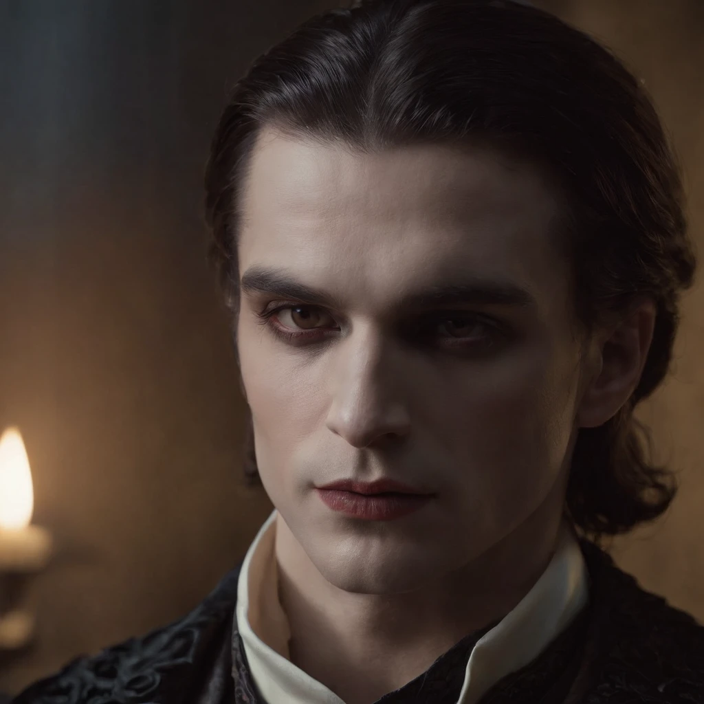 Fotografia insanamente detalhada de um lindo homem vampiro, Gothic Renaissance, longos cabelos brancos volumosos, intrincados olhos brancos, genial, Vampiro, Ethereal, hiperdetalhado, 32k resolution, dynamic lighting, hiperdetalhado, intrinsecamente detalhado, trending on ArtStation, Triadic-Colors, Volumetric lighting, BalenciagaStyle