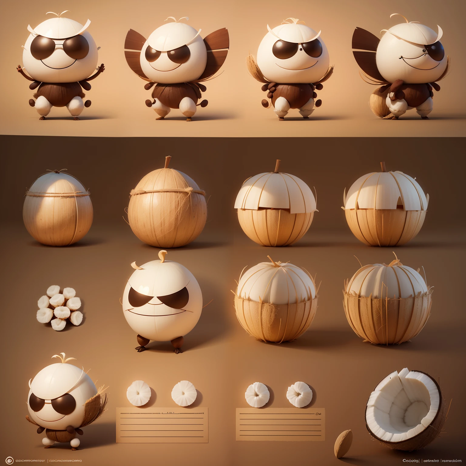 character sheet，Coconut anthropomorphic cartoon image，Continuous expressions，frontage, Lateral face, on  back，Multi-perspective，2D，planar，stickfigure，Dopamine style