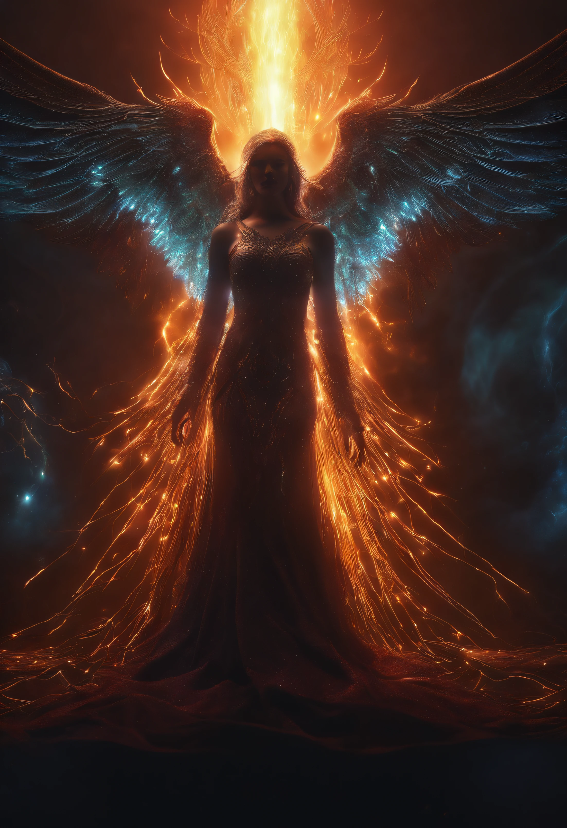 Cosmic Fallen Angel, glowing light eyes, Biomechanical, eerie, Creepy, nightmarish, Very bright colors, Light particles, with light glowing, Mshiff, wallpaper art, UHD wallpaper