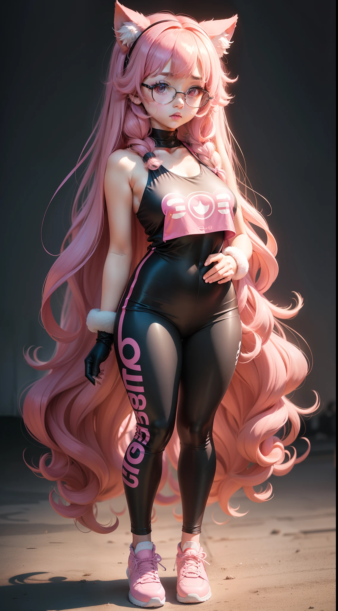 animal Girl, super long hair, curly hair, dull hair, full bangs, shy, hands on the back, big eyes, pink eyes, jumpsuit, sailor suit, leggings, halter dress, manga style, neon lights, glasses, gloves, tall, slightly chubby, full body, short socks