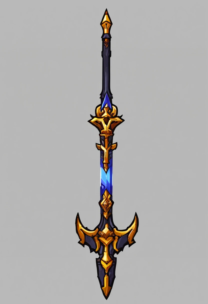 um close up de uma espada com um design dourado e roxo, design de espada, espada de fantasia, espada enorme, arte da arma do RPG de fantasia, espada bonita, espada grande, Espada de fantasia de guerreiro, espada grande, Espada de Ouro, epic fantasy weapon art, war blade weapon, arte de armas de warcraft blizzard, arte conceitual de arma, intricate fantasy spear, Espada de corrente no outro, Item de jogo de RPG, espada dentro do escudo, estilo terceira classe Ronan do jogo Grand Chase, preto com detalhes dourados