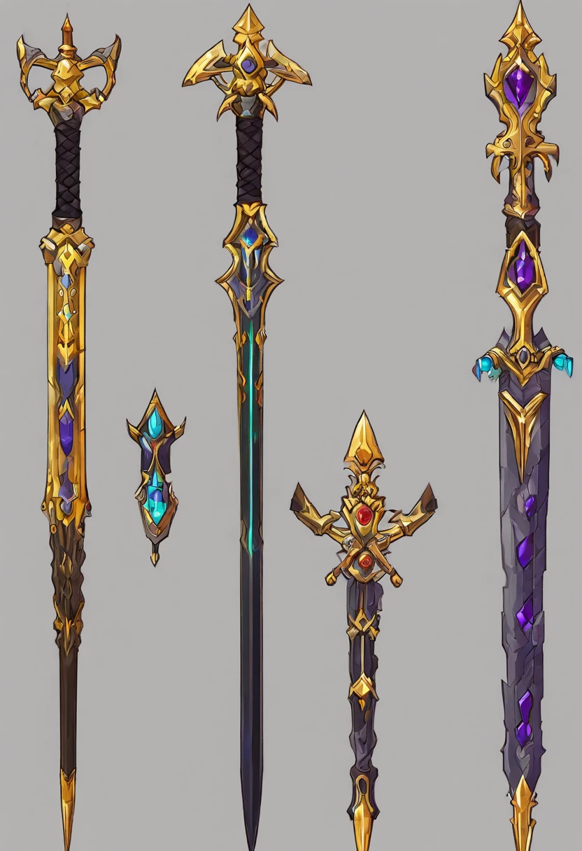 um close up de uma espada com um design dourado e roxo, design de espada, espada de fantasia, espada enorme, arte da arma do RPG de fantasia, espada bonita, espada grande, Espada de fantasia de guerreiro, espada grande, Espada de Ouro, epic fantasy weapon art, war blade weapon, arte de armas de warcraft blizzard, arte conceitual de arma, intricate fantasy spear, Espada de corrente no outro, Item de jogo de RPG, espada dentro do escudo, estilo terceira classe Ronan do jogo Grand Chase, preto com detalhes dourados