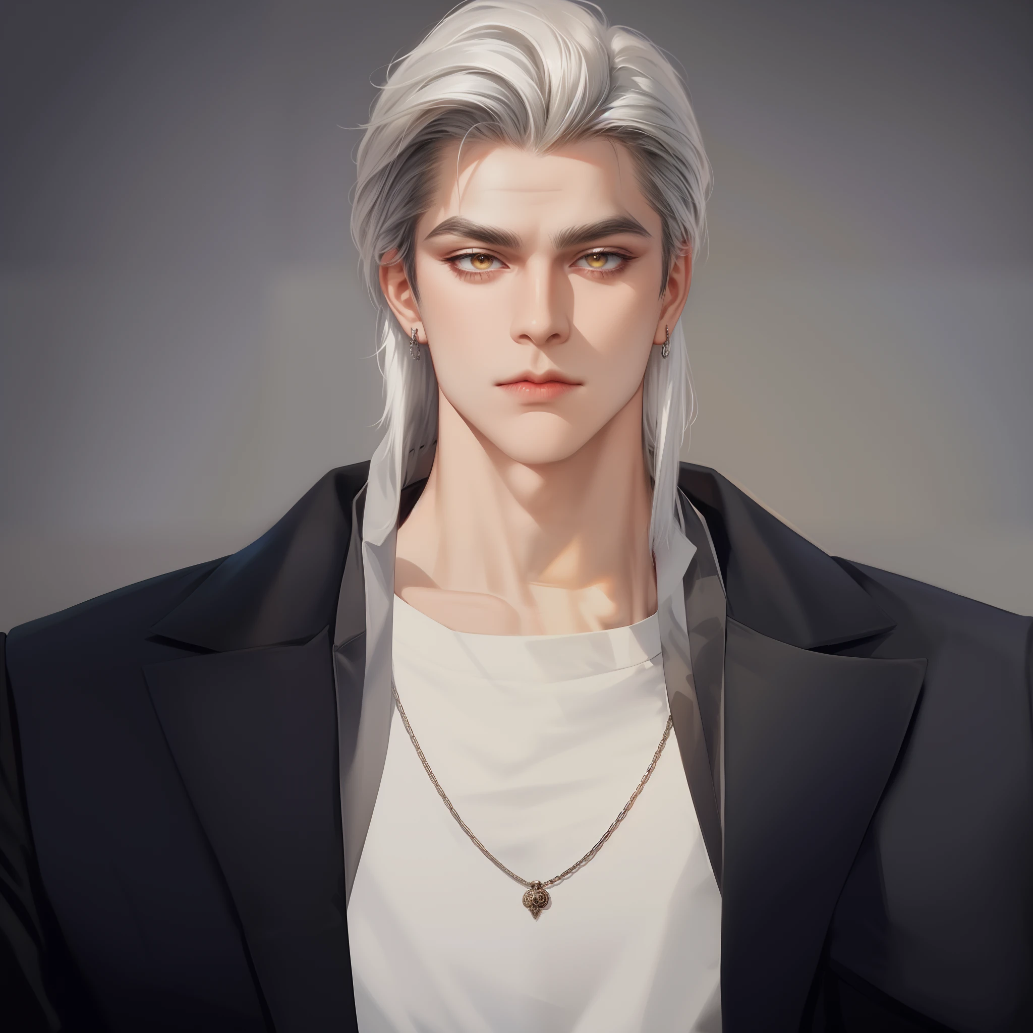 (Masterpiece,Best quality,Supergianthugebreasts_Detailed,A high resolution,absurderes),1boys, Male focus, tattoo, Solo, White hair,chain, shirt, black necktie, tiese, Simple background, Yellow eyes, Upper body, vest, Short hair, view the viewer, parted lip, Collared shirt, circle glasses, Long sleeves, neck tattoo, Put your hand on your shoulder, arm tattoos, Black shirt, Red background, Brown vest, monocle, jewelry (looks away:1.2)