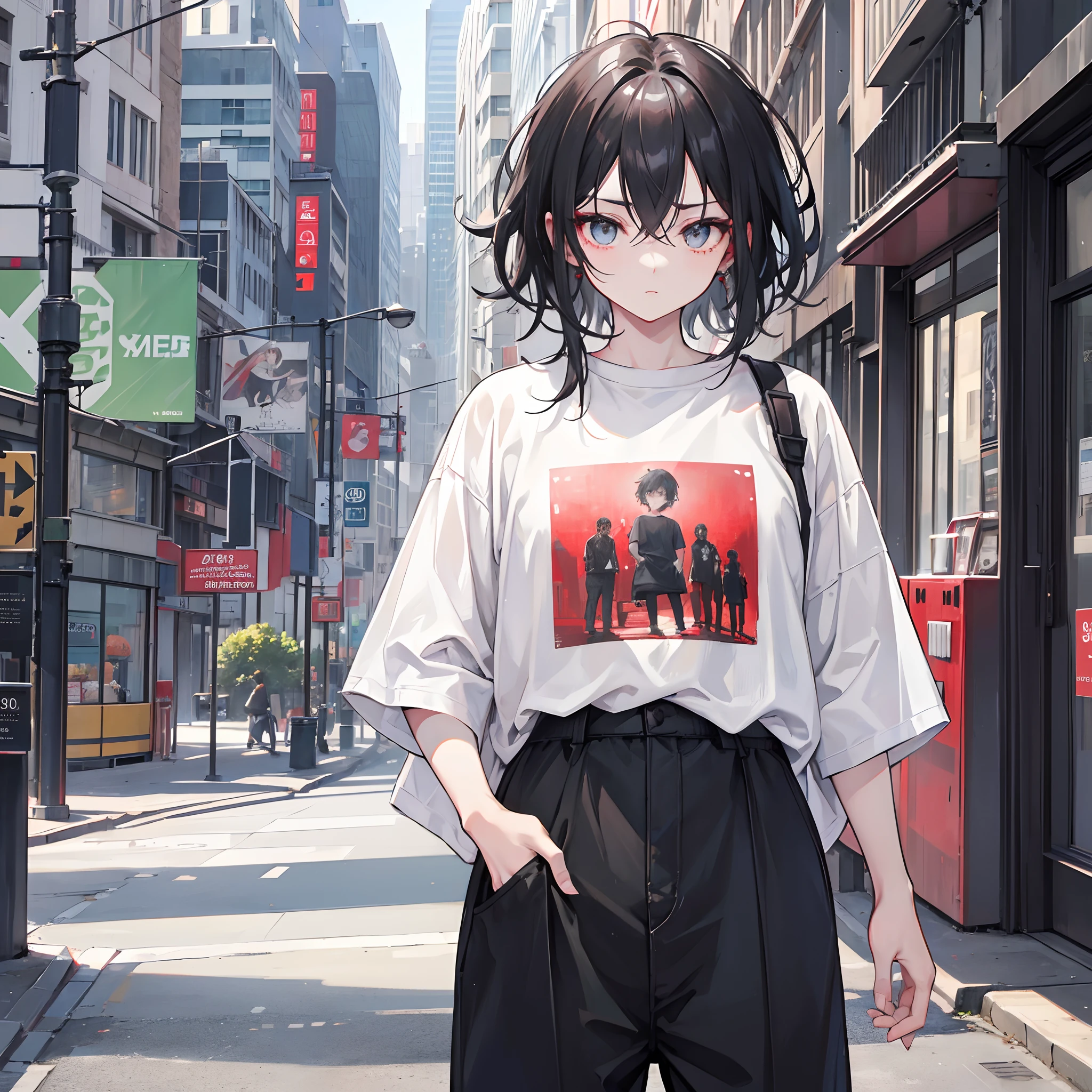 boy, black messy hair, ruby colored eyes, wearing gray baggy vintage pants, oversized white t-shirt, city, absurdres, high res, ultrasharp, 8k, masterpiece, looking at viewer