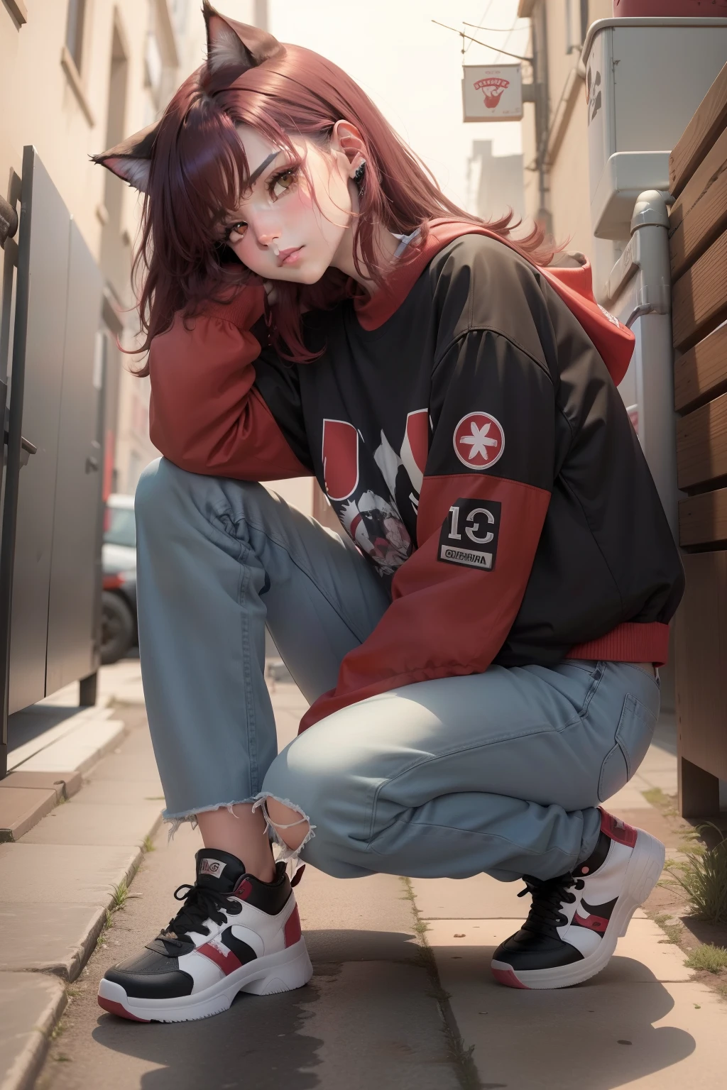 melhor qualidade, obra prima, Uma garota ultra moderna, wearing urban samurai clothes in squatting on a street in a futuristic Tokyo. Ela usa um katakana nas costas, Your faithful dog is by your side;. Pose sexy, corpo perfeito, perfectly proportions