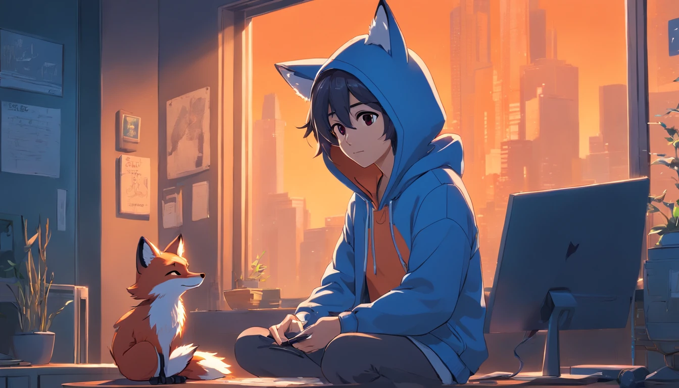 Pixar movie-style 20s adorable fox, wearing a hood, cinematic lighting, depth sensing, hyper detailed, 8k quality. One hand crossed the hundred,male upper body, best quality, human-like body figure), looking at viewer in dark orange sweatshirt and sunglasses holding mobile phone, with headset with neon, fox, avatar image, with futuristic clothing, sitting in a room with window in background CGSetnation ),like , professional art, CGsociety - W 1 0 2 4 - N 8 - I,The name is Kan, his name is Kan