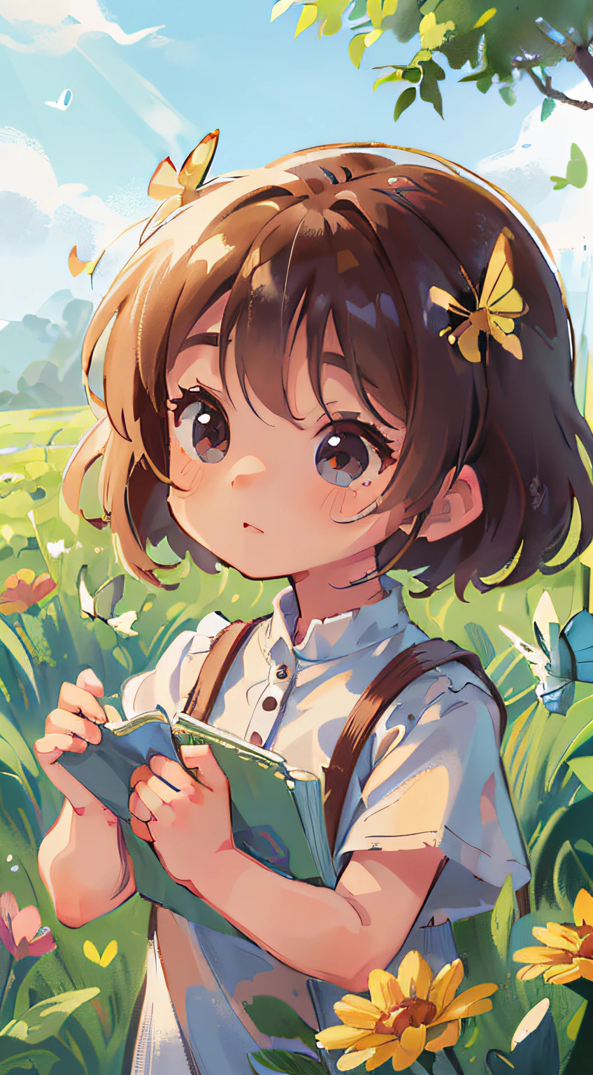 High Detail, Ultra Detail, Ultra High Resolution A cute and innocent girl, toddlerenjoying her time in the open field, surrounded by the beauty of nature, warm sun sprinkling on her, wildflowers gently swaying in the breeze. Butterflies and birds flutter around her, adding to the playful atmosphere , --v6