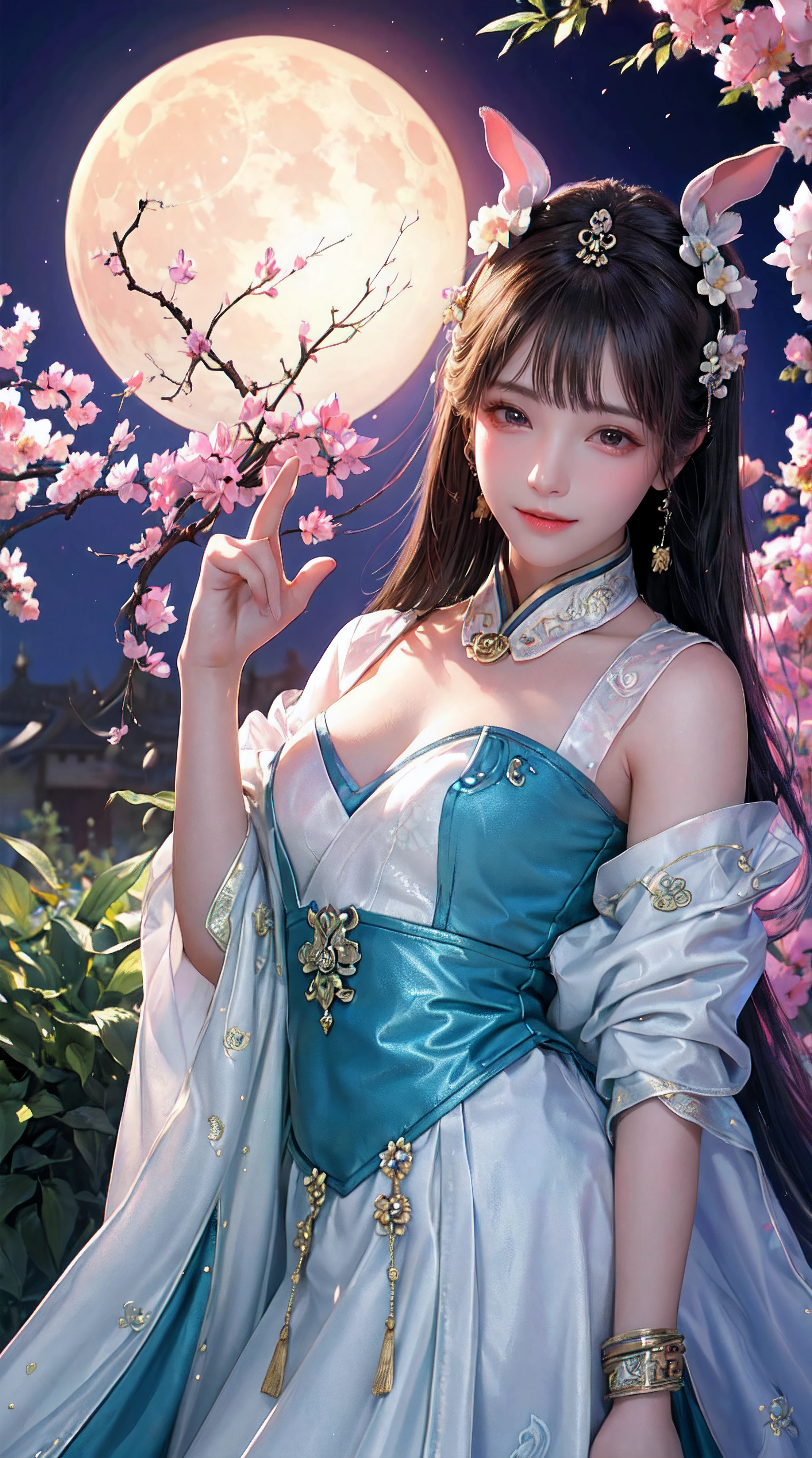 (a girl in a garden,moon palace,Chang'e,mooncakes,rabbits),best quality,ultra-detailed,realistic:1.37,illustration,traditional Chinese painting,harmonious colors,soft lighting