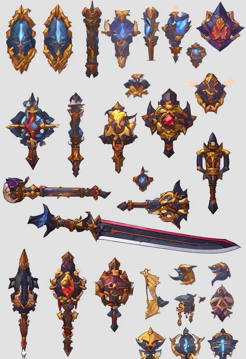 um close up de uma espada com um design dourado e roxo con una rosa blanca, design de espada, espada de fantasia, espada enorme, arte da arma do RPG de fantasia, espada bonita, espada grande, Espada de fantasia de guerreiro, espada grande, Espada de Ouro, epic fantasy weapon art, war blade weapon, arte de armas de warcraft blizzard, arte conceitual de arma, intricate fantasy spear, Espada de corrente no outro, Item de jogo de RPG, espada dentro do escudo, estilo terceira classe Ronan do jogo Grand Chase, preto com detalhes dourados