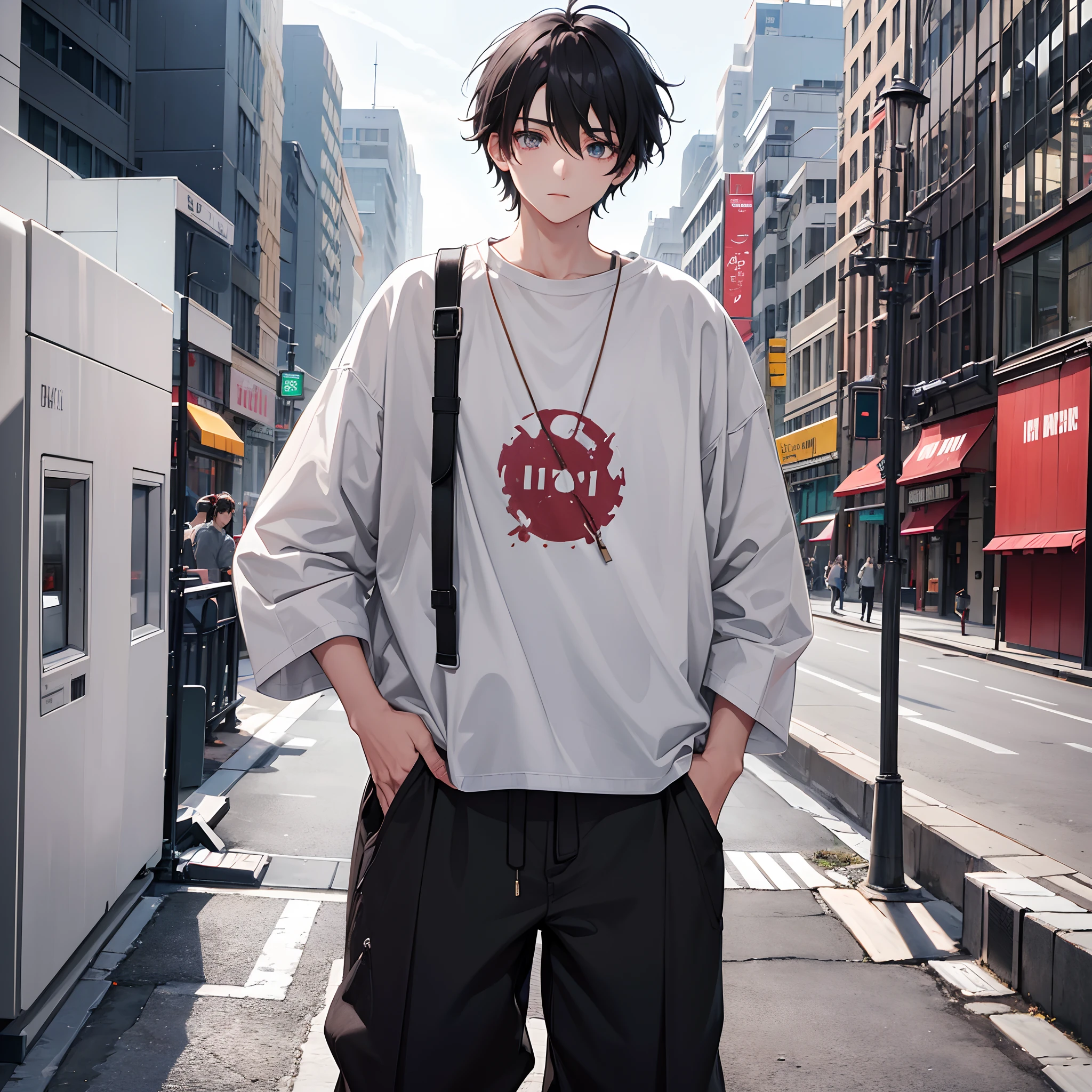 boy, black messy hair, ruby colored eyes, wearing gray baggy vintage pants, oversized white t-shirt, city, absurdres, high res, ultrasharp, 8k, masterpiece, looking at viewer