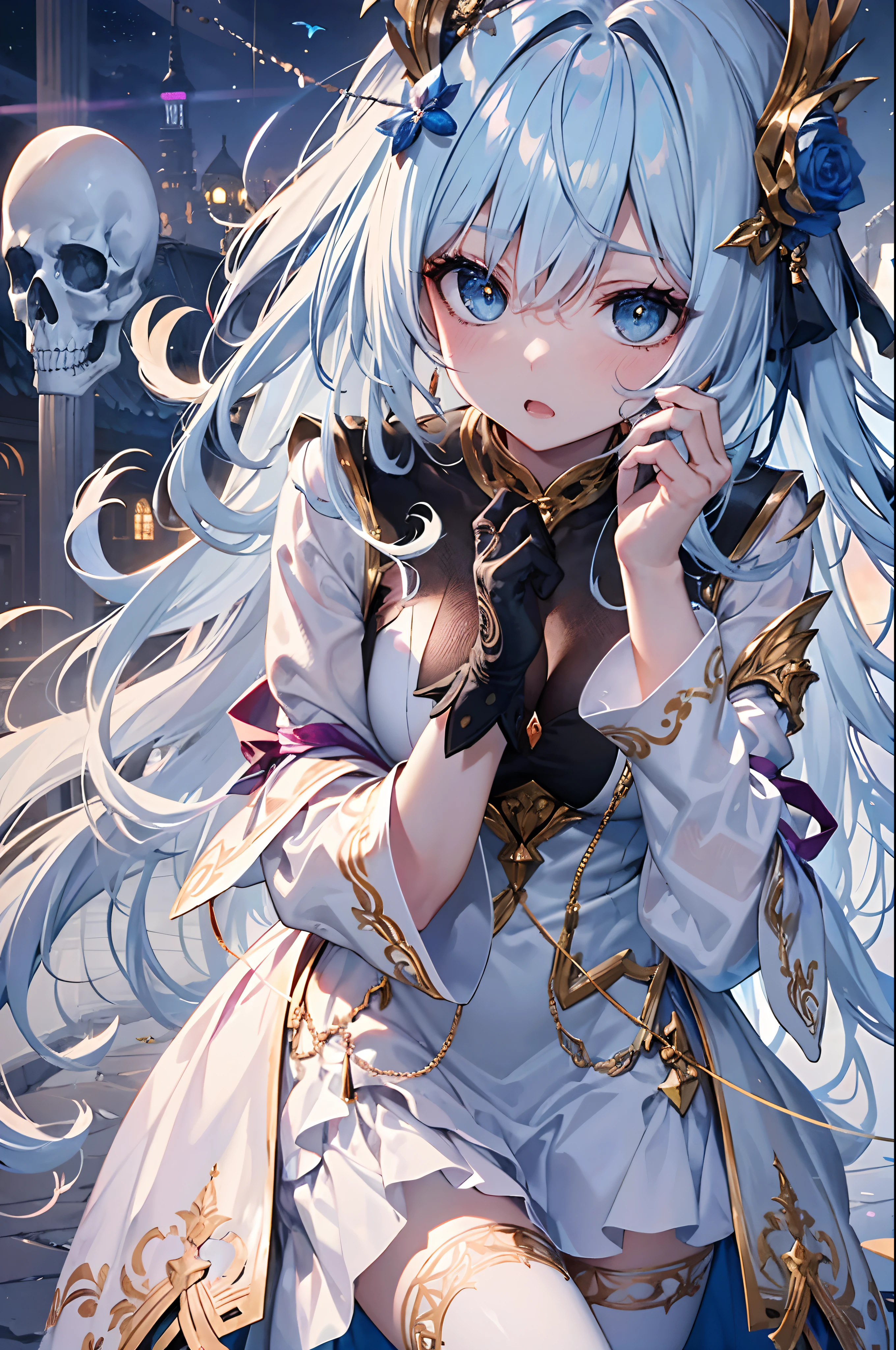 masutepiece,Best Quality,Ultra-detailed,Very detailed illustrations,Extremely detailed,Intricate details,hight resolution,super complex details,extremely detailed 8k CG wallpaper,Textured skin, beautiful  Girl , Soul Ghost ,Communication with the dead, A world from another dimension , Night Summoner , Dark,  Mysterious, god ,White Dress, Light blue hair, Long hair, expressive hair, sanpaku, Nervous, worried, Cowboy Shot