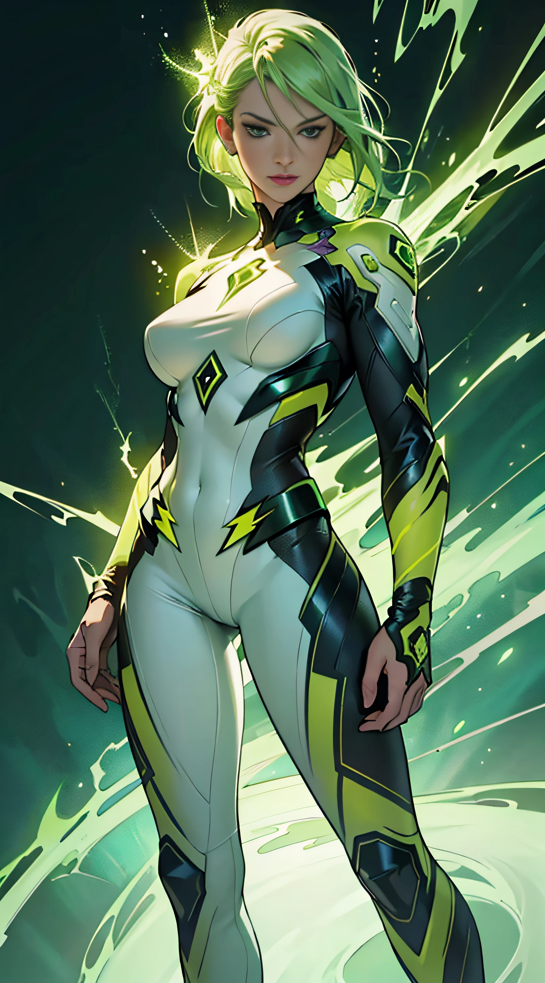 ((Best quality)), ((masterpiece)), (detailed: 1.4), (Absurd), Fighter pilot brunette woman, ready for war, muscular sculptural body defined, half-thick bare thighs, closed mouth, very tanned and shiny skin, only in panties, muscular body covered by technological clothing, Neon Genesis Evangelion style, cyberpunk, generous neckline, ((perfect large breasts)), (brown eyes without pupils), ((black, dark green and yellow clothing)),  (((clothing based on South Africa flag)))), (((colorful Rastafarian hair))), ((splashes of paint on clothing)), long eyelashes, short underwear, garter belt, skin glove and leopard claws, by mucha, niji --V5, close to real, psychopathic, crazy face, sexy pose, background with a giant Gundam-style Robot head, 2 piece outfit, shoulder pads,  airplane wings on the back, pastel, centered, scale to fit dimensions, HDR (High Dynamic Range),Ray Tracing,NVIDIA RTX,Super-Resolution,Unreal 5,Subsurface dispersion, PBR texture, Post-processing, Anisotropic filtering, Depth of field, Maximum clarity and sharpness, Multilayer textures, Albedo and specular maps, Surface shading, Accurate simulation of light-material interaction, Perfect proportions, Octane Render, Two-tone lighting,  Wide aperture, Low ISO, White balance, Rule of thirds, 8K RAW, crysisnanosuit
