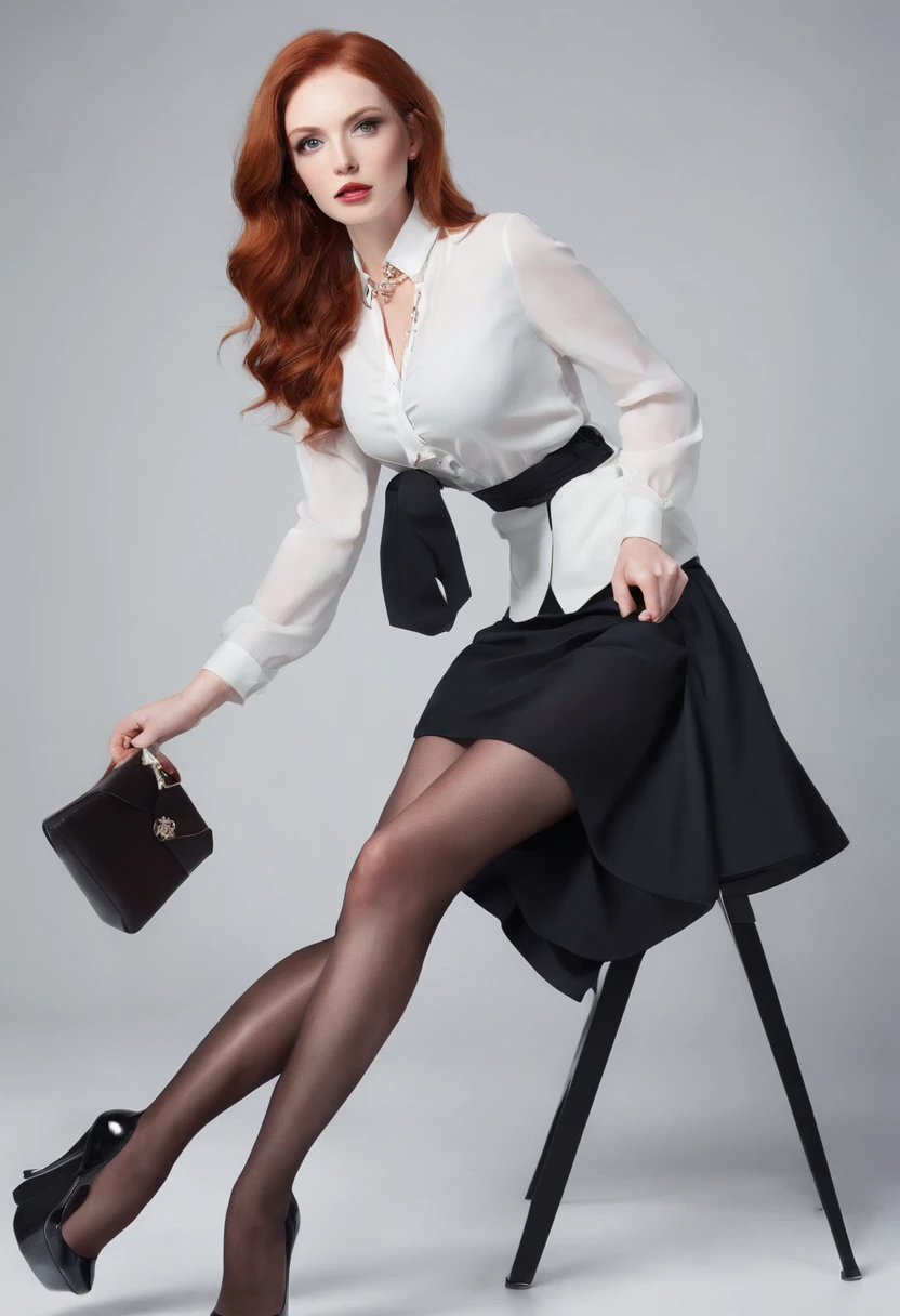 Redhead, long wavy hair, big tits, long sexy legs, black pantyhose, black skirt, black high heels, white blouse, diamond necklace, office chair, full body shot, coffee mug, laptop computer