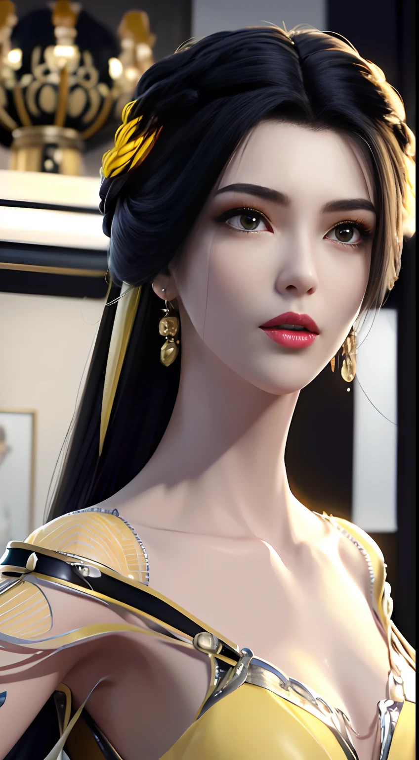 (best quality, masterpiece:1.2), ultra high res, realistic, front lighting, intricate detail, Exquisite details and textures, 1girl, solo ,(young), face highlight, upper body, detailed face, tear mole, white skin, silver hair, ponytail, braid hair, looking at viewer, big eyes, silk robe, (hollow pattern, black, silk), earrings, huge breasts, slim body, luxury room, professional lighting, photon mapping, radiosity, physically-based rendering,((((black and yellow dress))))