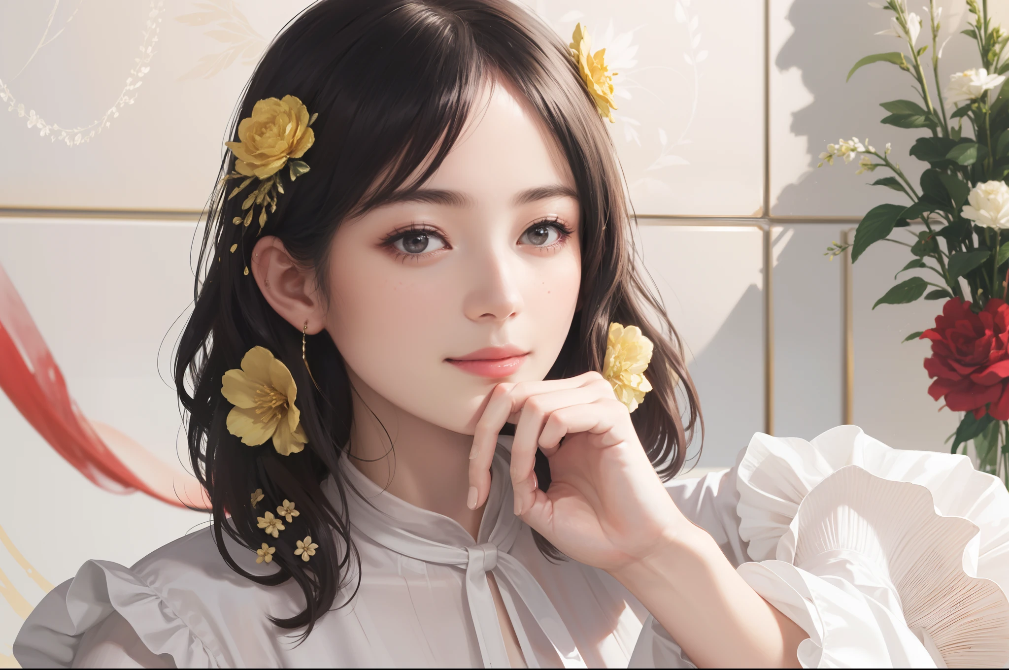 ((Best Quality))), (8K picture quality), ((masutepiece)), (Very sophisticated、Beautiful fece), (wearing dresses) , (1womanl), (Black Shorthair), Dress up, with floral pattern, Soft silk fabric, 电影灯光, Gentle expression, A slight smil, Luxurious interior