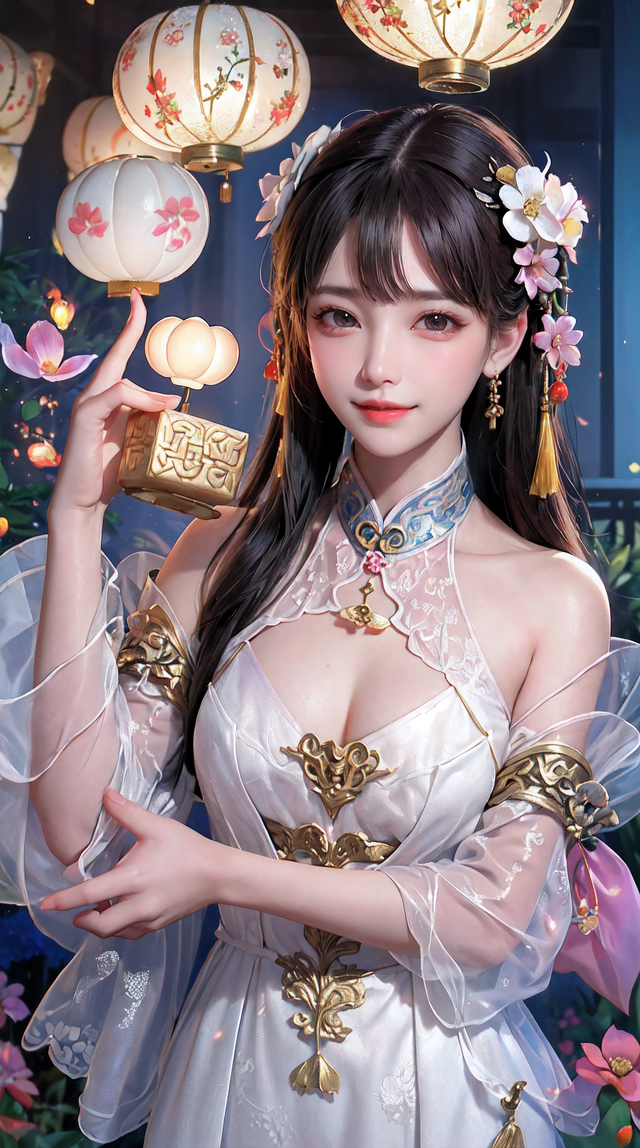 (a girl in a garden,moon palace,Chang'e,mooncakes,rabbits),best quality,ultra-detailed,realistic:1.37,illustration,traditional Chinese painting,harmonious colors,soft lighting