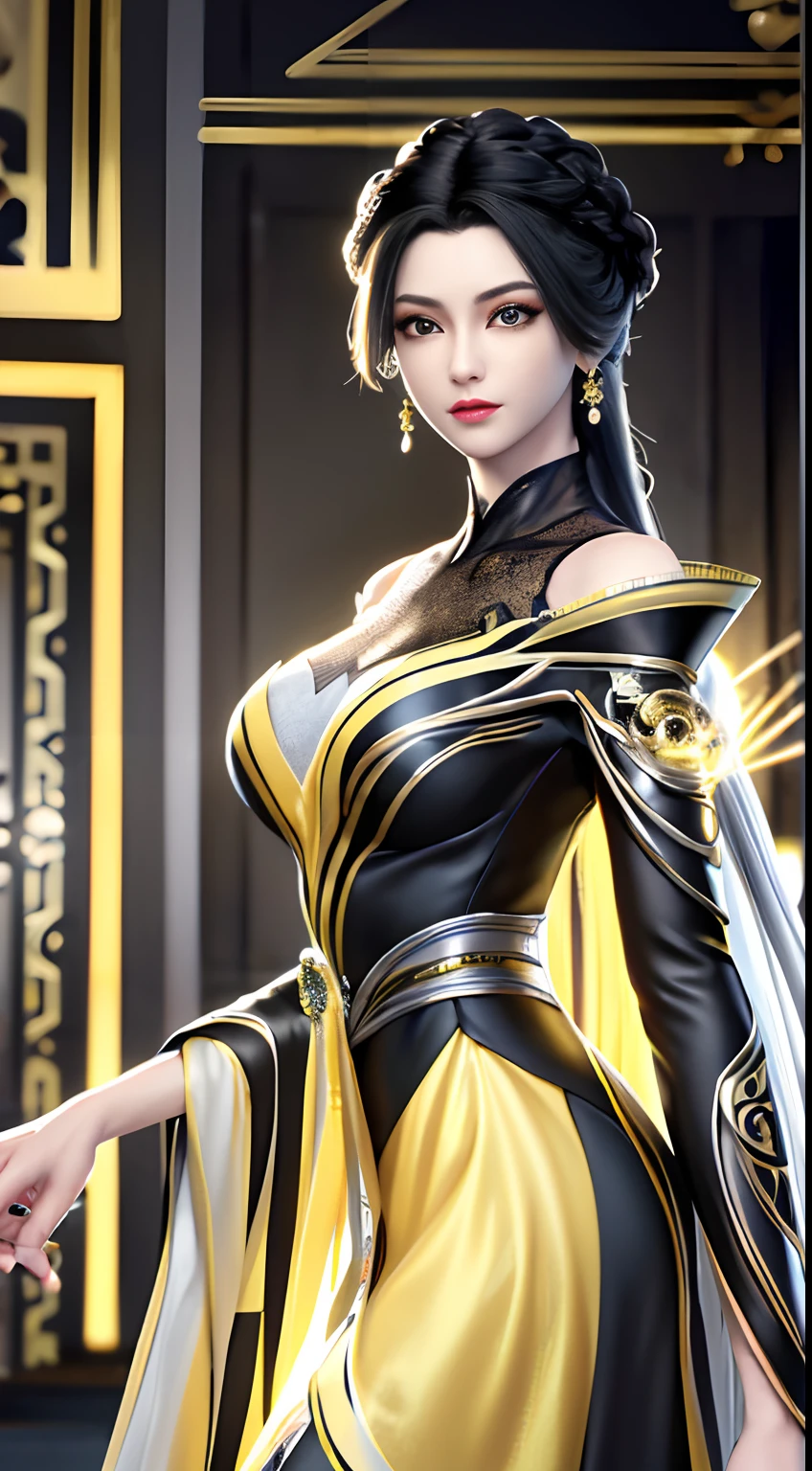 (best quality, masterpiece:1.2), ultra high res, realistic, front lighting, intricate detail, Exquisite details and textures, 1girl, solo ,(young), face highlight, upper body, detailed face, tear mole, white skin, silver hair, ponytail, braid hair, looking at viewer, big eyes, silk robe, (hollow pattern, black, silk), earrings, huge breasts, slim body, luxury room, professional lighting, photon mapping, radiosity, physically-based rendering,((((black and yellow dress))))