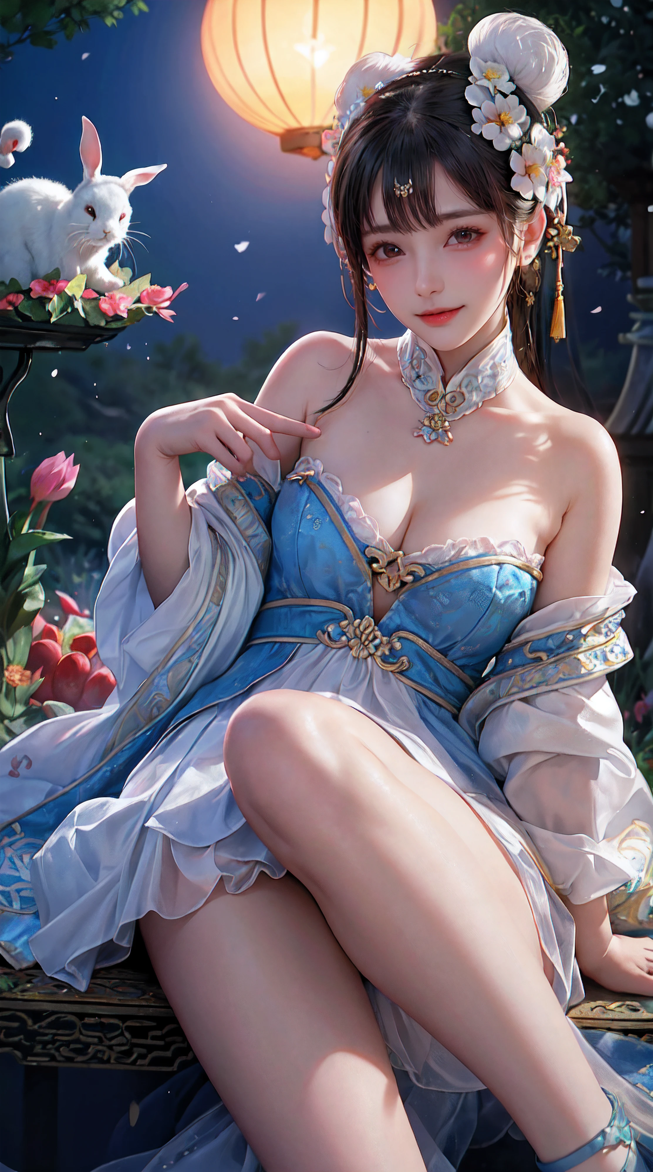 (a girl in a garden,moon palace,Chang'e,mooncakes,rabbits),best quality,ultra-detailed,realistic:1.37,illustration,traditional Chinese painting,harmonious colors,soft lighting