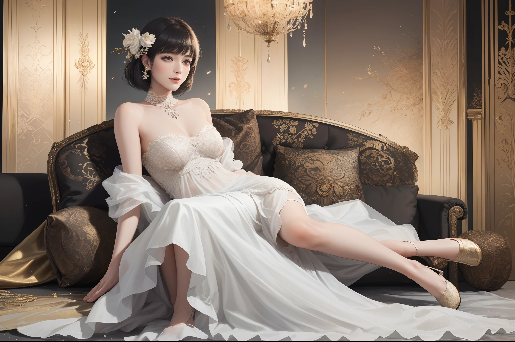 ((Best Quality))), (8K picture quality), ((masutepiece)), (Very sophisticated、Beautiful fece), (wearing dresses) , (1womanl), (Black Shorthair), Dress up, with floral pattern, Soft silk fabric, 电影灯光, Gentle expression, A slight smil, Luxurious interior