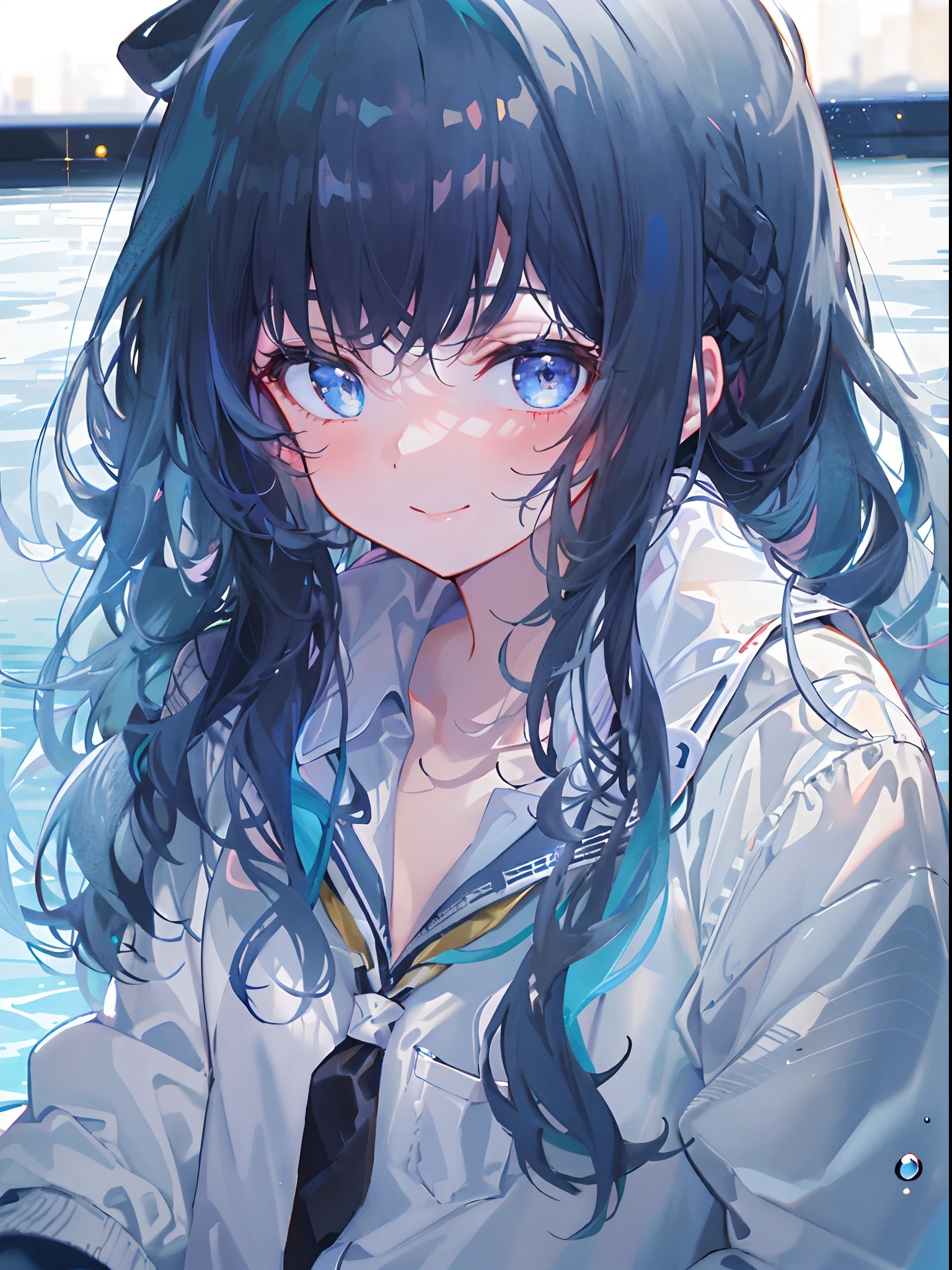 ((top-quality)), ((​masterpiece)), ((ultra-detailliert)), (extremely delicate and beautiful), girl with, 独奏, cold attitude,((Black jacket)),She is very(relax)with  the(Settled down)Looks,A dark-haired, depth of fields,evil smile,Bubble, under the water, Air bubble,bright light blue eyes,Inner color with light blue hair and dark blue tips,Cold background,Bob Hair - Linear Art, shortpants、knee high socks、White uniform like school uniform、Light blue ribbon ties、Clothes are sheer、Hands in pockets