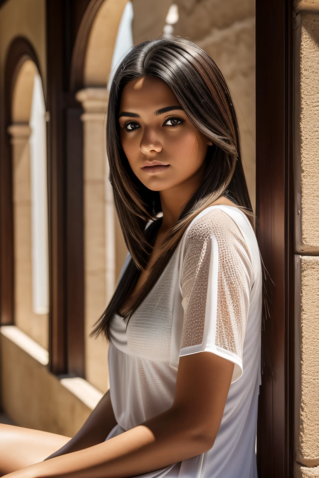 Photograph of an amazing girl, Llevar una remera mojada que se transparenta, el busto muy pesado, cabello ondulado, Sitting on a balcony, eyes symmetrical, face symmetrical, fotorrealista, Cinematographer, Seguimiento de rutas, specular lighting, Volumetric light for the face, Camino trazado del cabello, Sombras visibles, intrincado, elaborar, Looking straight at the camera