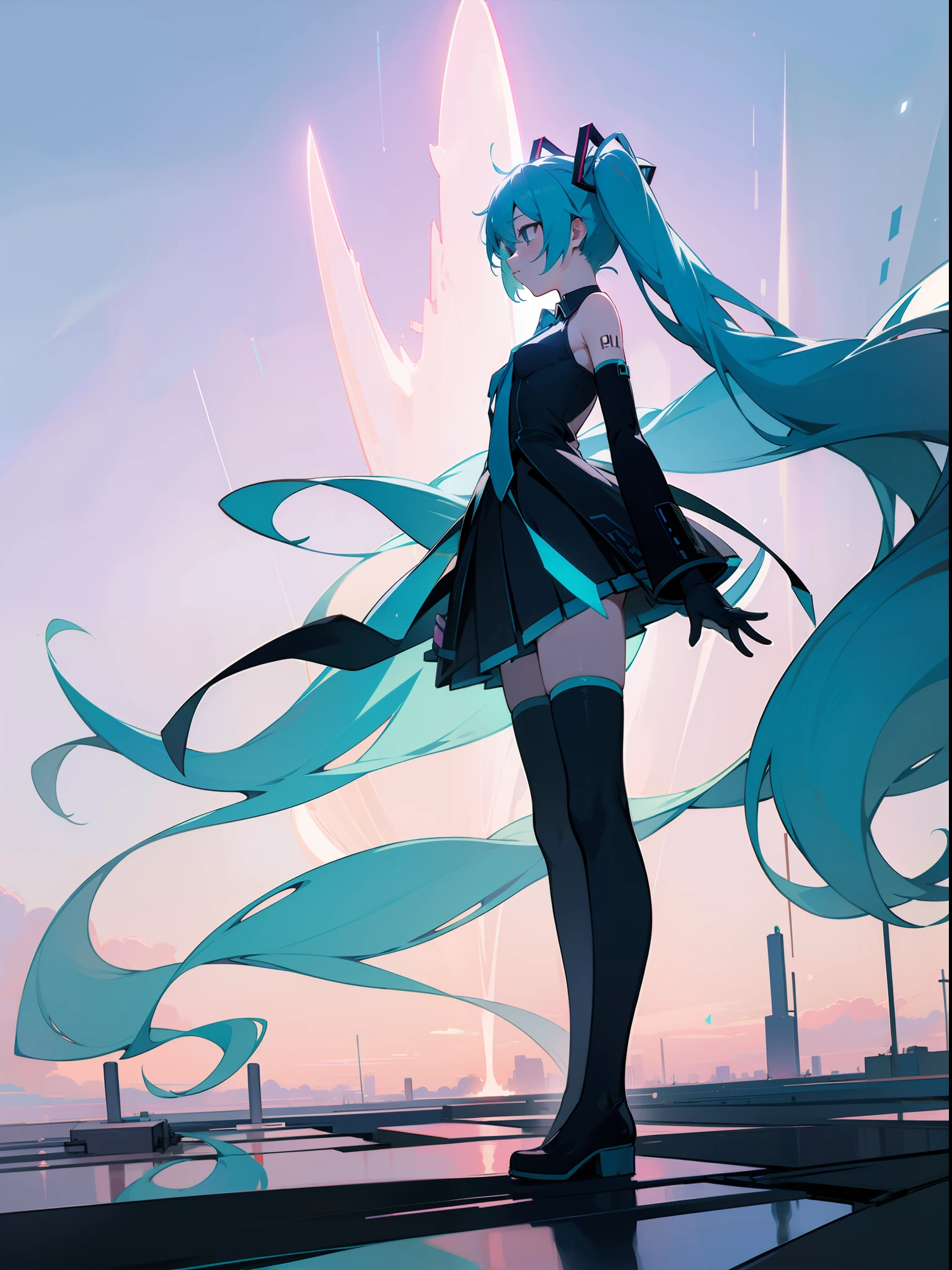 miku hatsune、top-quality、full bodyesbian、delicate、nigh sky、Contrasty、stele、is standing