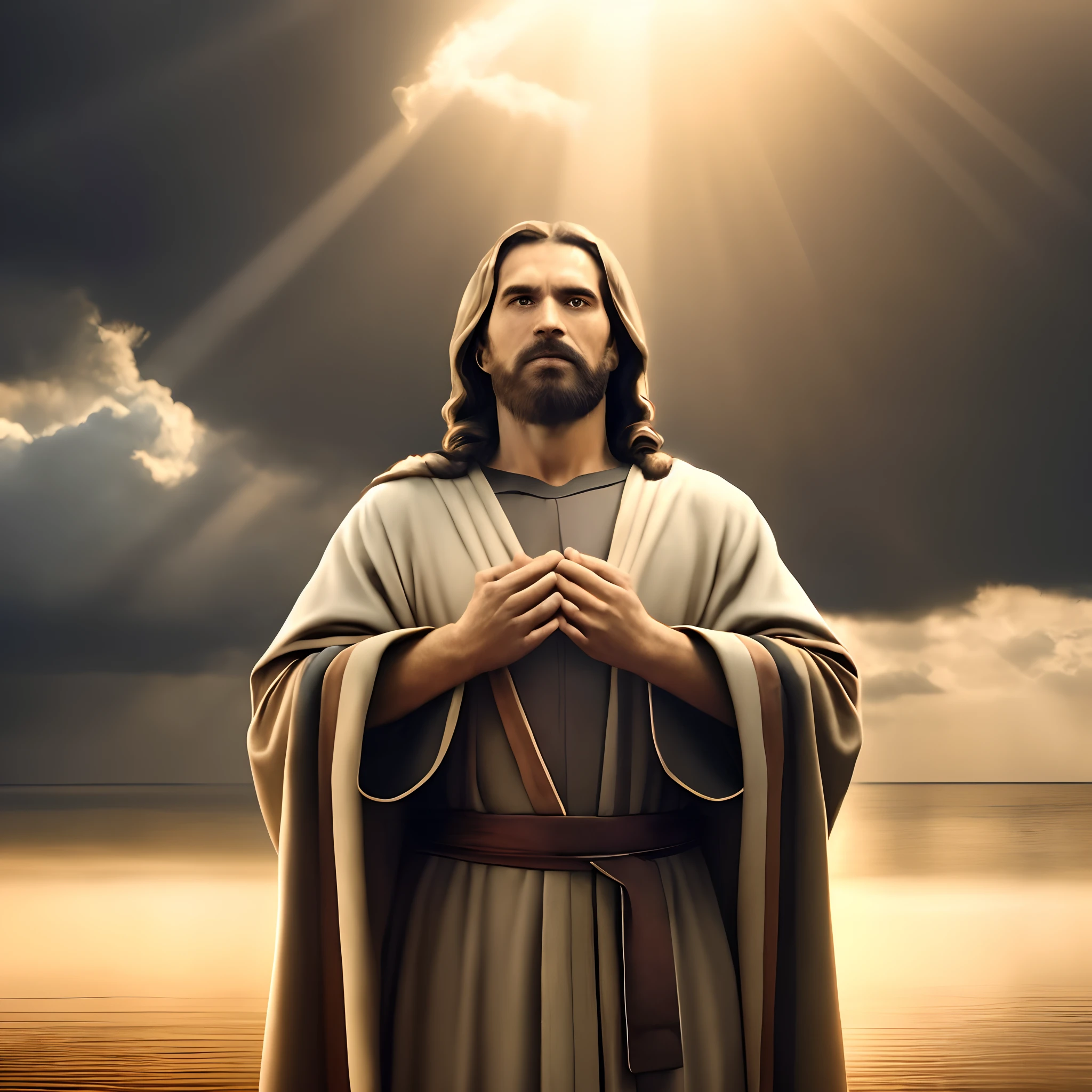 arafed image of a man dressed in a robe and holding a cross, jesus christ, jesus, greg olsen, portrait of jesus christ, he is greeting you warmly, the lord and savior, dressed like jesus christ, jesus walking on water, tron legacy jesus christ, jesus of nazareth, young almighty god, jesus christ in mass effect, bright light masterpiece