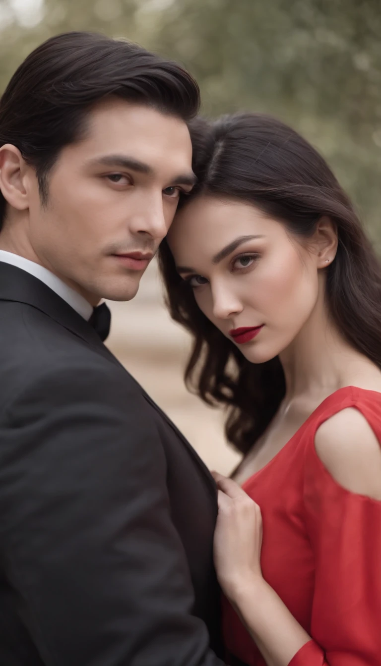 A man in a black suit and a woman in a red dress, Elegant couple, lovely couple, Romantic couple, man and woman, photoshooting, with long black hair, A man and a woman in love, portrait photography, Double Pose, by, attractive female, in elegant black clothes, with black hair, masculine appeal high fashion, smoky, very intense, Sensual,