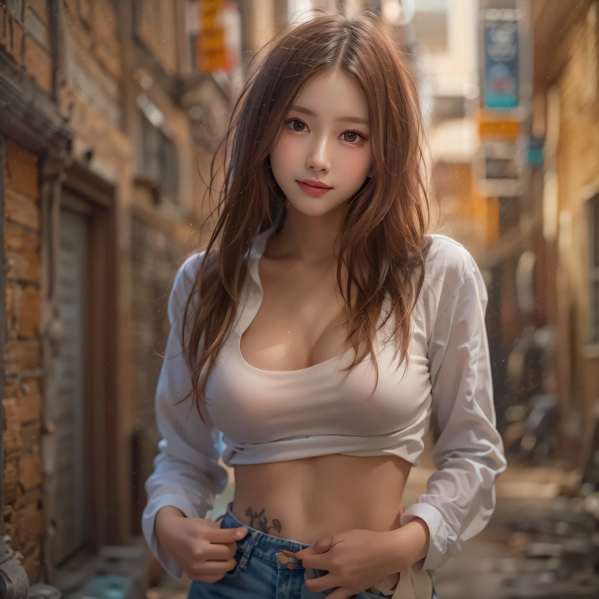 (masterpiece:1.2), (best quality:1.2), (extremely detailed:1.2), (extremely detailed face), (photorealistic:1.2), (ultra detailed), 1girl, closeup shot
upshirt, underboob, loose white shirt, short blue jeans, (sexy panty straps:0.5), (crouch tattoo)
slim and petite body, medium boobs, long hair, ([light orange | brown] hair), (full body:1.2), seductive pose, looking at viewer, (view from below:1.2), smiling, standing in the small alley,