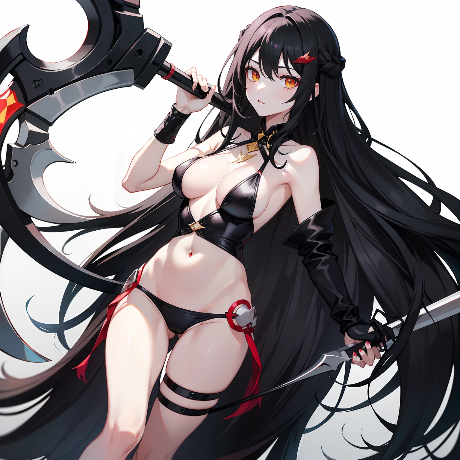Long black hair that reaches the waist,A yellow eye,A red eye,Heteropupil,White hairpin,Pink swimsuit,Holding a silver-white scythe in his hand,