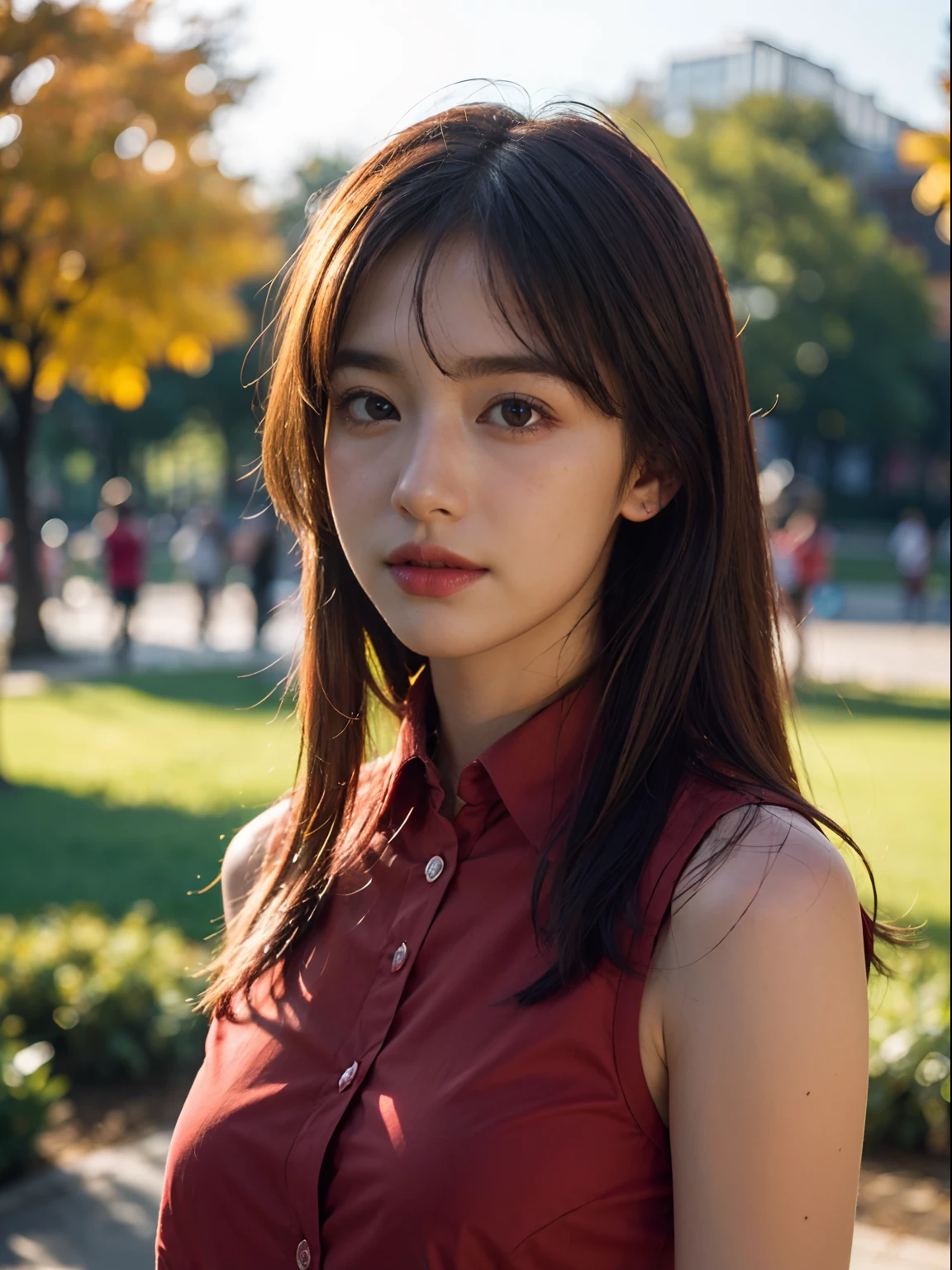 best quality, realistic, ultra high res, (photorealistic1.4), red eyes, red hair, sleeveless red button shirt, 1girl, solo, glowing eyes, night, in the park, ((puffy eyes)), (((looking at viewer))), ((closeup)),