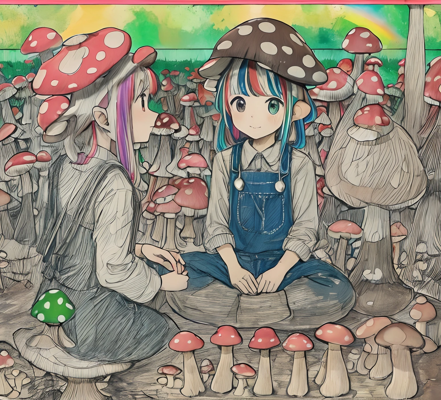 (mushroom on head:1.3), colorful, rainbow,