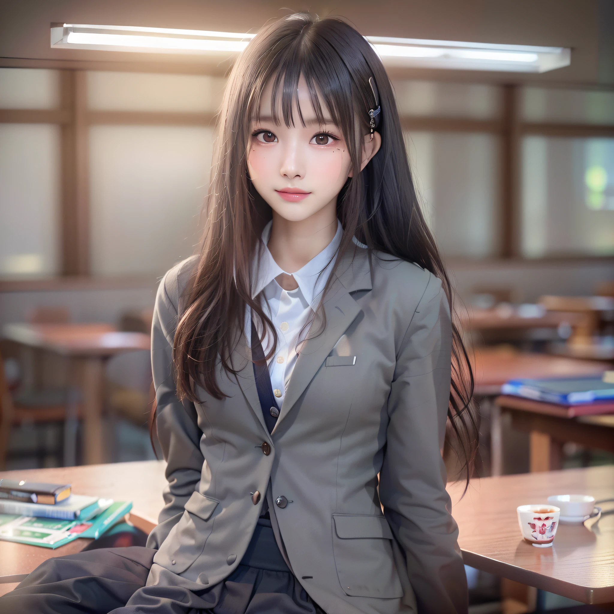 ((8k, RAW photos, top quality, masterpieces), high-definition RAW color photos professional close-up photos, (realistic, photorealism: 1.37), (highest quality), (best shadows), (best illustrations), collarbones ((big)), ((erotic, sexy, ultra high resolution, high-definition CG unified 8K wallpapers, physically based rendering, movie lighting), (aegyo sal:1), 18 year old girl, (grey blazer, ribbon, socks, high school uniform: 1.2), high school classroom, beautiful detail eyes, light on the face, ((full body shot: 1.2)), especially strong light, (upper eyes, grinning smile:1.2),shiny skin, (((black hair, semi-long hair:1.2))), ( thick thighs), ulzzang-6500-v1.1:0.2, shy, (flash:1.2), NSFW , (puffy), ((seductive posture: 1.2, attractive: 1.2)), (idle), (sitting at a desk in classroom: 1.2)), ((good anatomy: 1.2)), ((bright and refreshing classroom, background blurred: 1.2)), perfect face, cute face, (high angle shot:1.2), perfect body