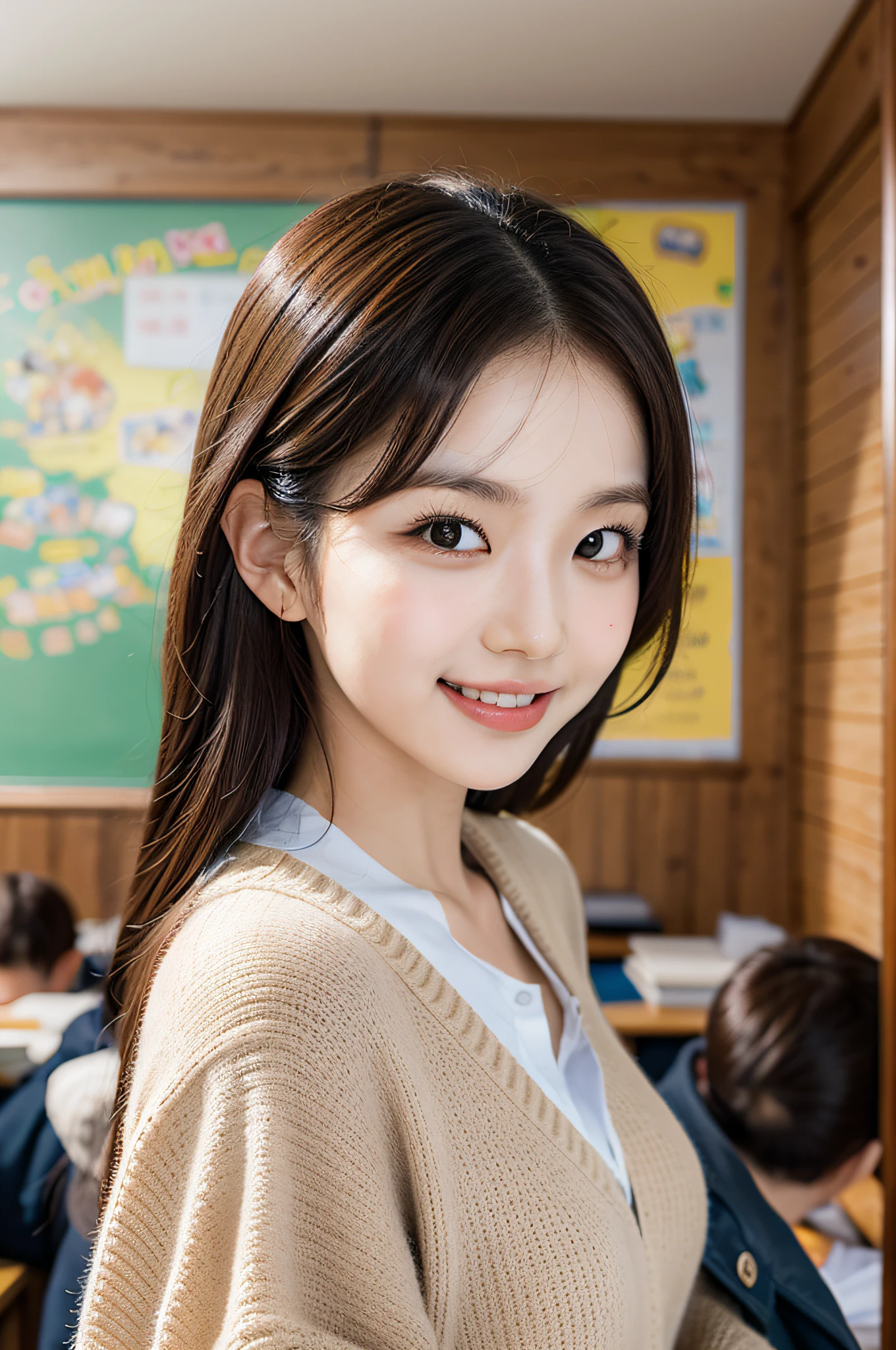 Content: A realistic image of Eri Kamei dressed as a middle school teacher in a classroom setting. She is standing near a blackboard with a warm and approachable smile, showcasing her white teeth. The classroom is well-organized, reflecting a typical Japanese middle school environment with wooden desks and chairs, and a blackboard at the front.
Medium: Photography, hyper-realistic.
Style: The style should be influenced by the naturalism seen in the works of photographer Andreas Gursky, with a focus on high detail and rich textures. The image should evoke a sense of warmth and approachability, akin to the works of Norman Rockwell, with a touch of modern Japanese pop culture aesthetics.
Lighting: Natural lighting filtering through windows, creating a soft and warm atmosphere that highlights Eri Kamei's features gracefully.
Colors: Utilize a vibrant yet natural color palette, with a focus on the warm tones to create a welcoming and nurturing environment.
Composition: Use a Canon EOS R5 camera with a 50mm lens, ensuring a high-resolution 16k image with a 16:9 aspect ratio. The shot should be taken from a perspective that encompasses both Eri Kamei and the classroom environment, showcasing a harmonious blend of the subject and the setting.
--ar 16:9 --v 5.1 --style raw --q 2 --s 750
